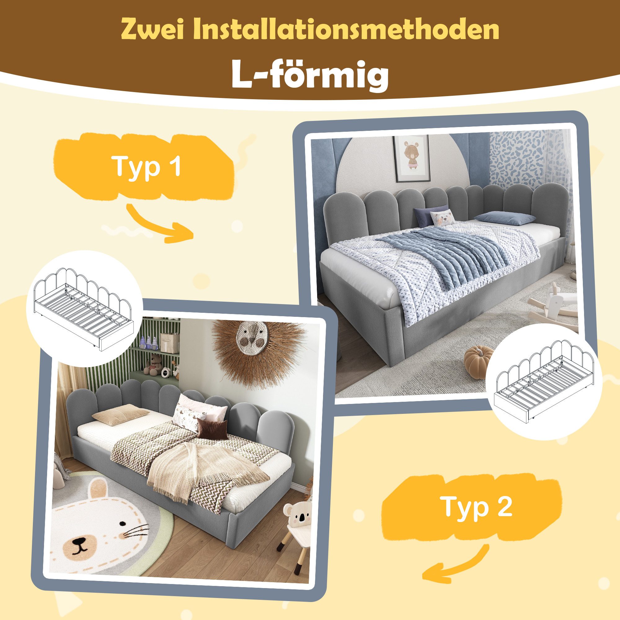Merax Daybett 90x200cm mit Ausziehbett 90x190cm (1 tlg), Polsterbett Samt Tagesbett Kinderbett Schlafsofa mit Lattenrost