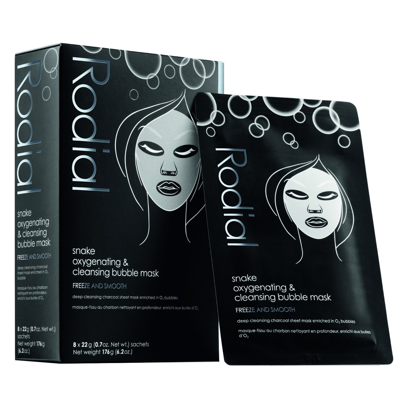 RODIAL Gesichtsmaske Rodial Gesichtsmaske Snake Bubble Mask Reinigende Schaummaske mit Aktivkohle, SYN®¬AKE, Allantoin, Niacinamide und Jojobaöl, die Box enthält 4 Einzelanwendungen., 1-tlg. mehr