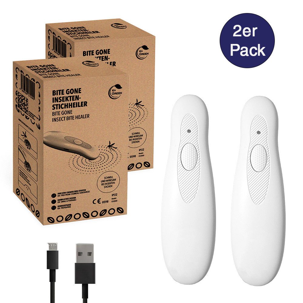 IEA Green Insektenstichheiler USB-C 2er Set - Medizinprodukt, nachhaltig in FSC-Verpackung, Wärmeanwendung ohne Chemie & Cremes, FSC-zertifiziert, 2 Programme