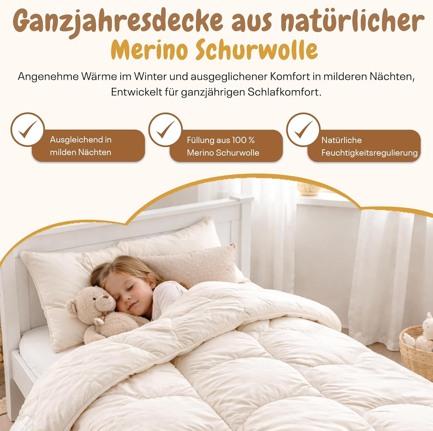 geborgenschlafen Naturhaarbettdecke Ganzjahres-Bettdecke Schafwolle– Wärmeregulierend & atmungsaktiv
