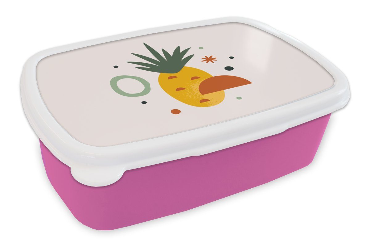 MuchoWow Lunchbox Ananas - Tropisch - Obst, Kunststoff, (2-tlg), Brotbox für Erwachsene, Brotdose Kinder, Snackbox, Mädchen, Kunststoff rosa