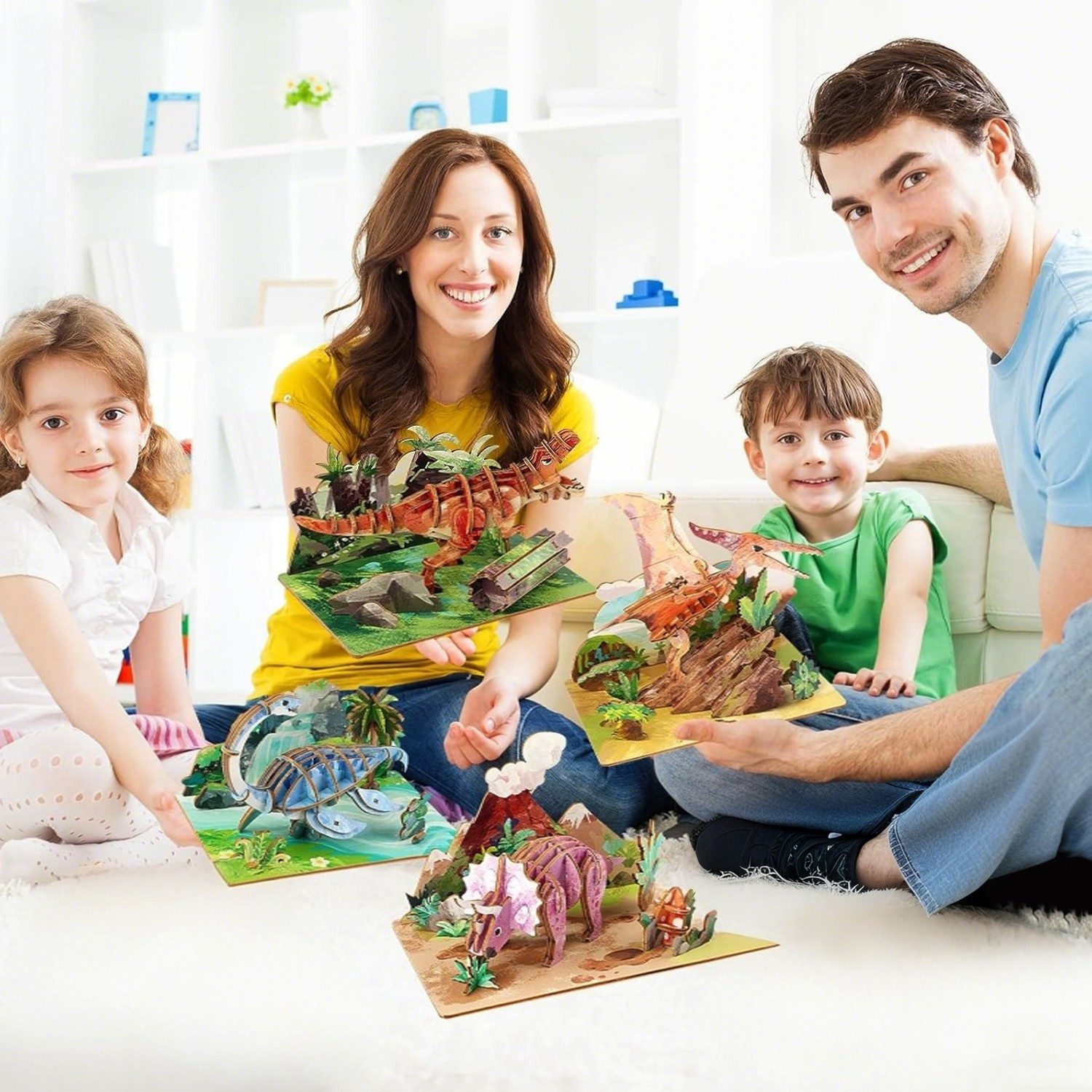 Esun Modellbausatz 3D Puzzle Holz Kinder 4er-Set, Dinosaurier-Spielzeug. Holzpuzzle, (Set, Komplettset), Puppenhäuser Miniatur Haus Kit Bastelset Geschenke