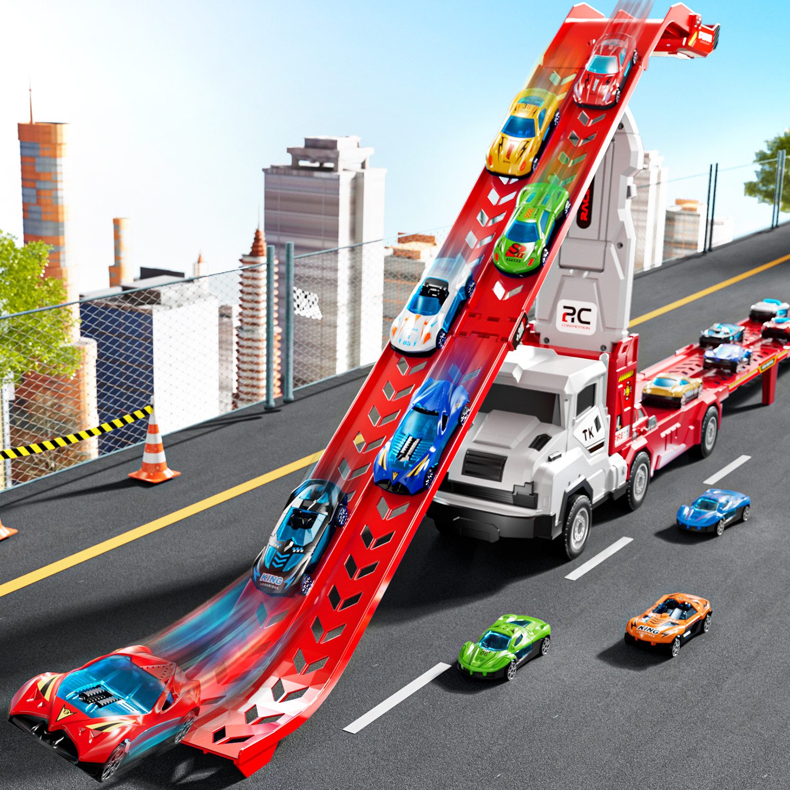 TEMI Spielzeug-Auto Transform Rennbahn LKW Spielzeug Set mit 12 Druckguss Autos – Bild 5 von 5