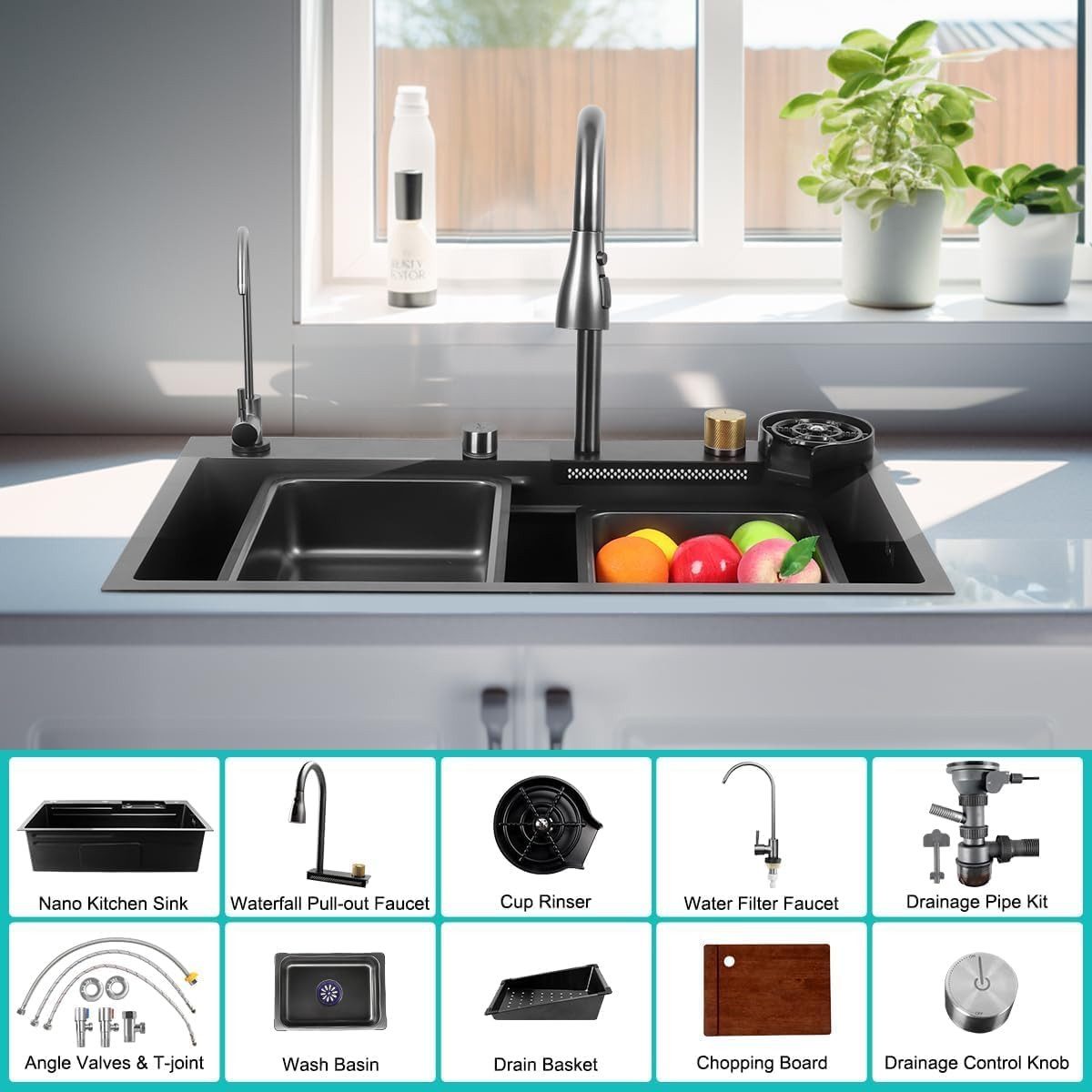 Faizee Home Stainless Steel Built-in Sink with Waterfall, Sound Insulation, 4-Outlet Faucet