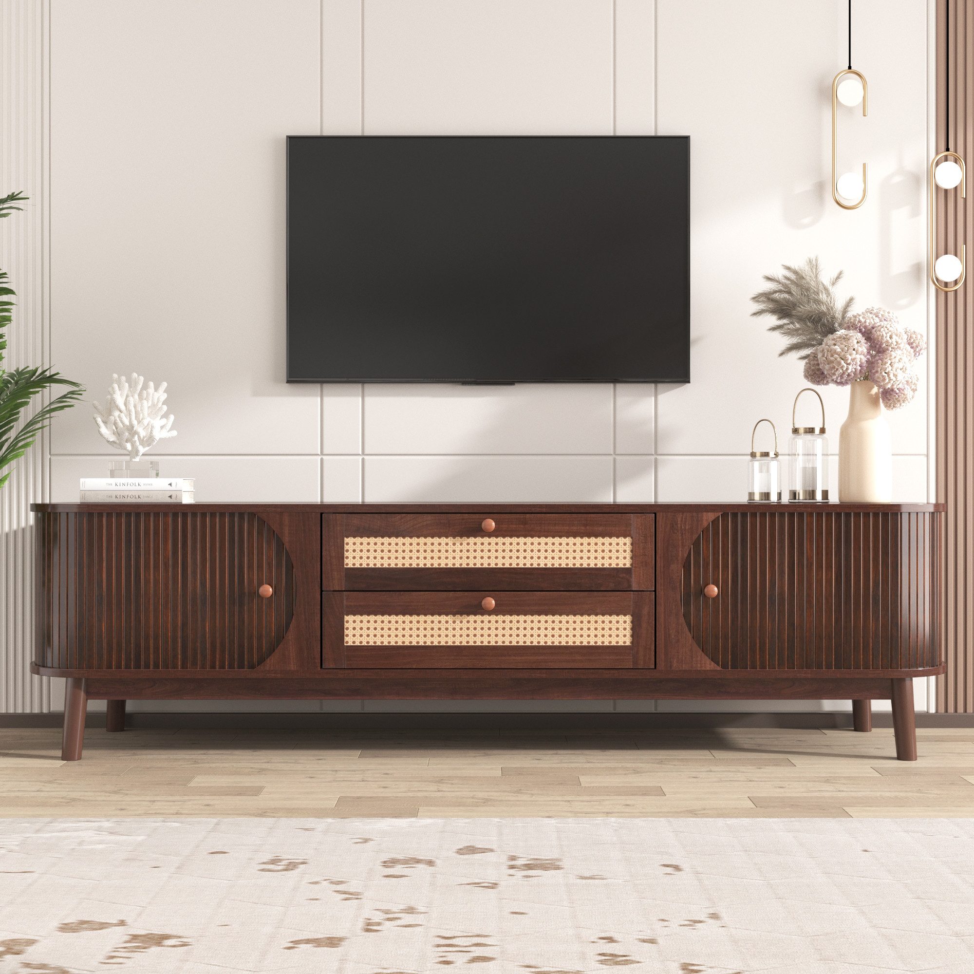 KLAM HOME Lowboard TV-Schrank Mit Natürlichem Rattan Design Und Massivholz (Landhausstil TV Schrank Mit Türen Und Schubladen), 170cm TV Möbel In Holzoptik Für 5 – Bild 4 von 5