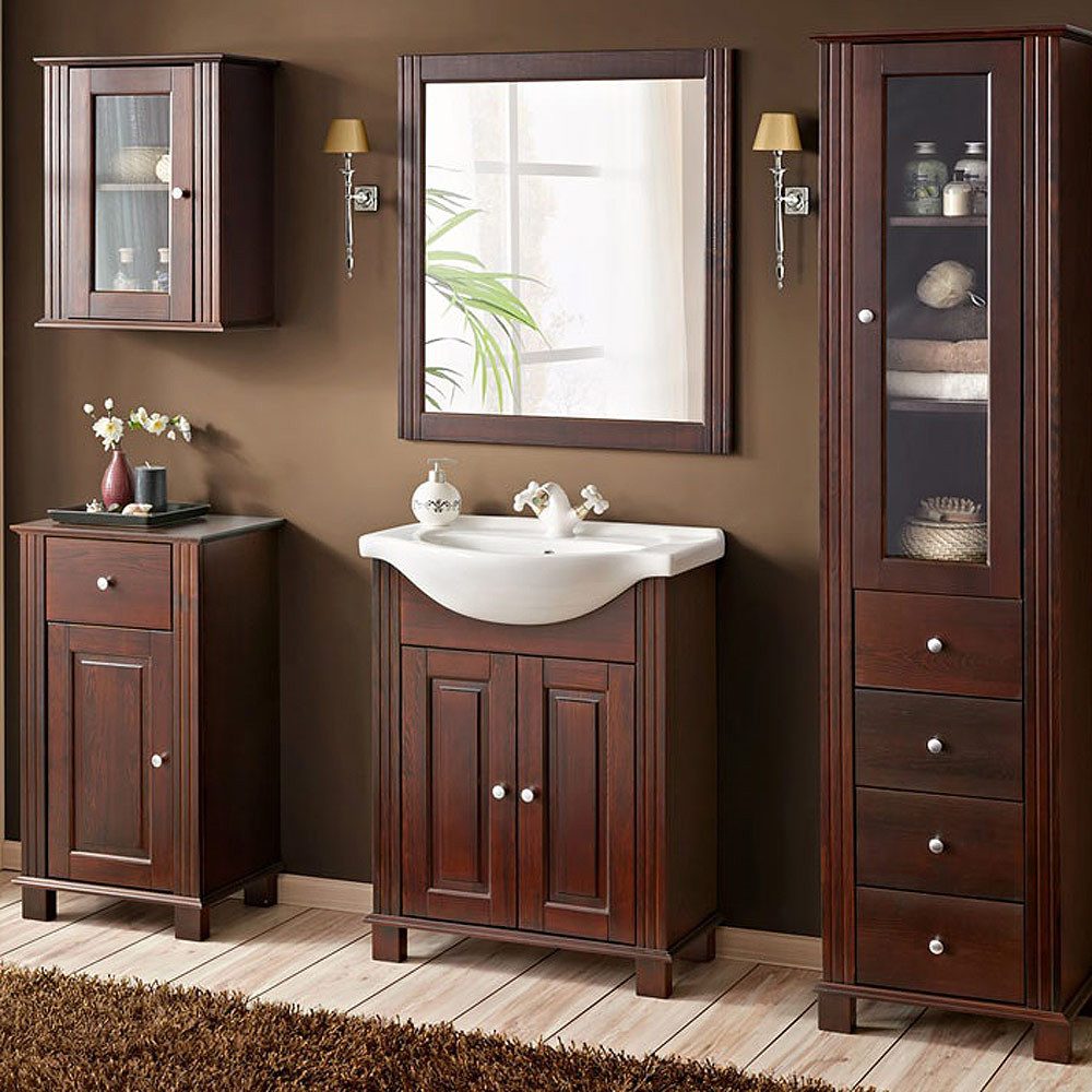 Lomadox Badmöbel-Set AVEIRO-56, (Spar-Set, 5-St), inkl. 65 cm Keramik-Waschbecken Pinie Massivholz braun 226/180/44 cm