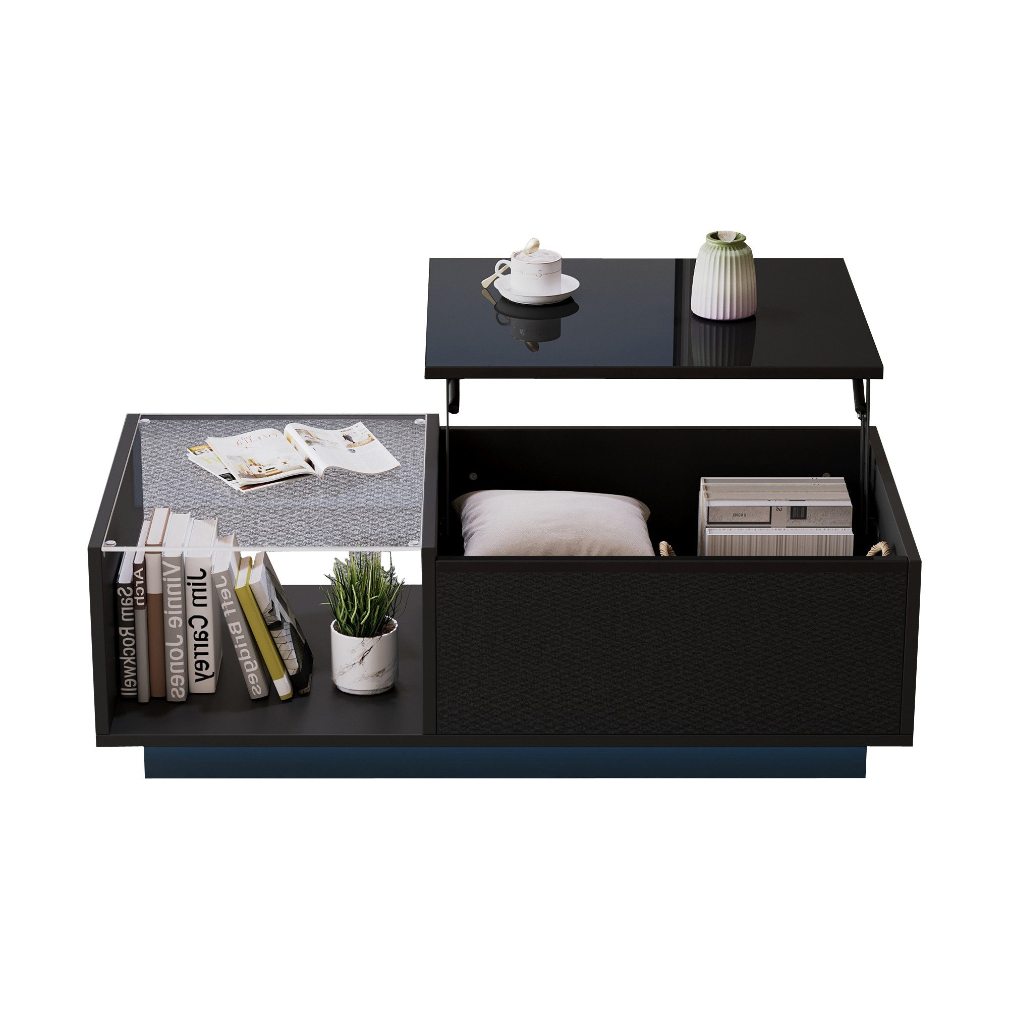 Merax Couchtisch höhenverstellbar Sofatisch mit Hebefunktion und Stauraum (1-St., 100x50x (33-46.5) cm), Beistelltisch Wohnzimmertisch mit Hochglanz-Oberfläche und LED