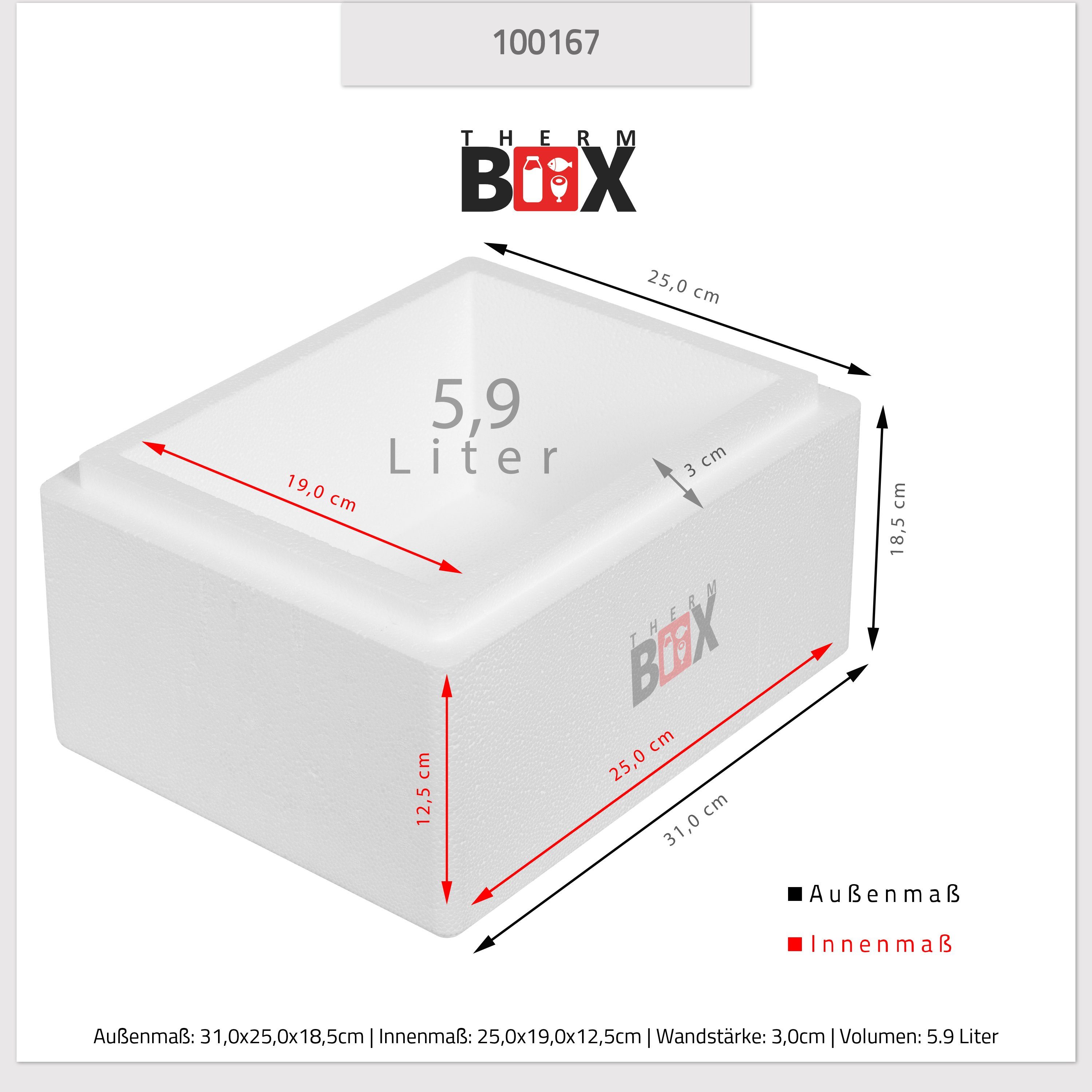 THERM-BOX Thermobehälter Styroporbox 5W Innen: Box 5,9L, mit Deckel Wand: Kühlbox Isolierbox 3cm Wiederverwendbar 0-tlg., (1, im 25x19x12cm Karton), Styropor-Verdichtet, Warmhaltebox Thermobox