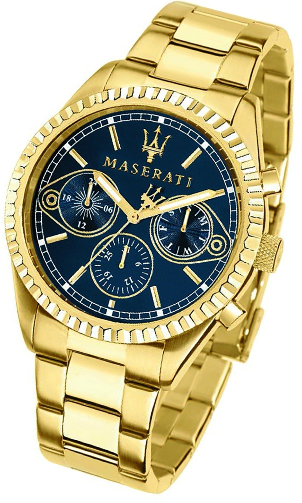 MASERATI Multifunktionsuhr Maserati Edelstahl Uhr, Herrenuhr Edelstahlarmband, rundes Gehäuse, groß (ca. 43mm) blau