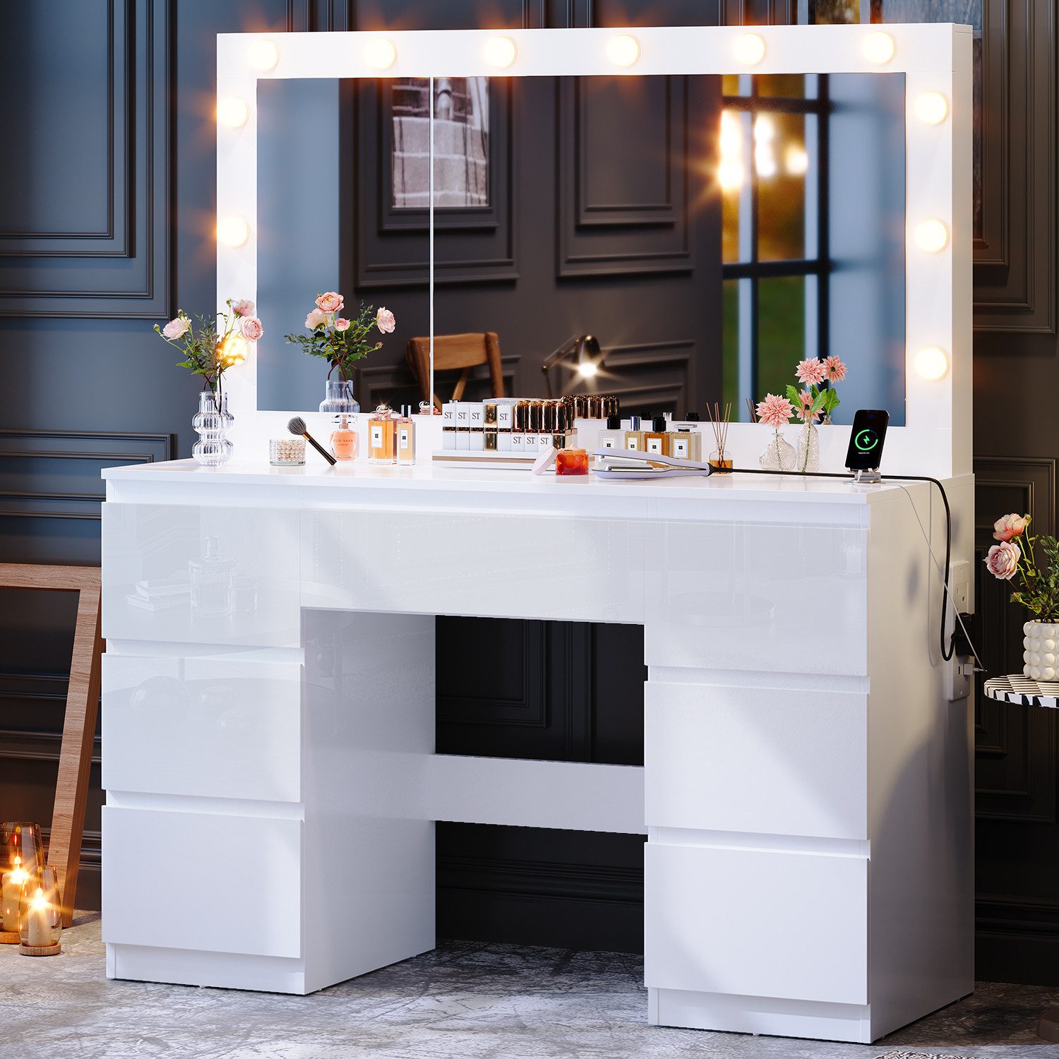 Furnicopia Schminktisch mit 7 Schubladen mit 2 Steckdosen 1 USB-Anschluss 1 günstig online kaufen