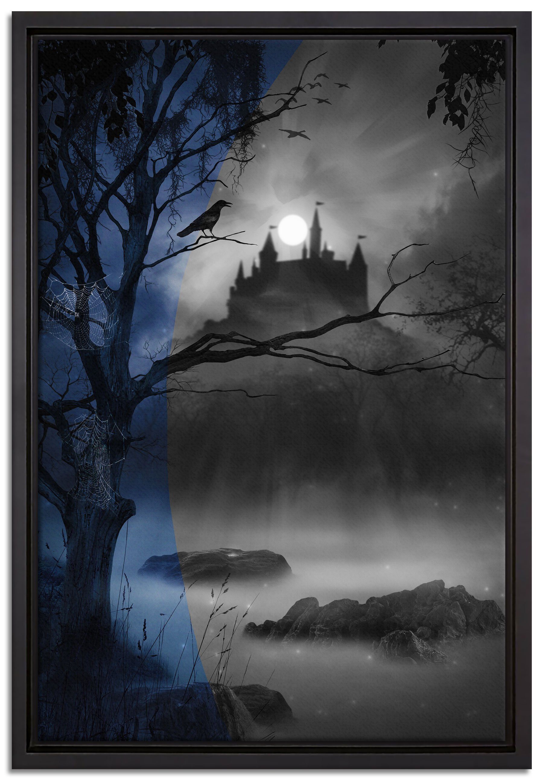 gefasst, Wanddekoration einem Burg inkl. St), mit Schattenfugen-Bilderrahmen bei Leinwandbild Zackenaufhänger in bespannt, (1 Nacht, Leinwandbild Wald Pixxprint fertig