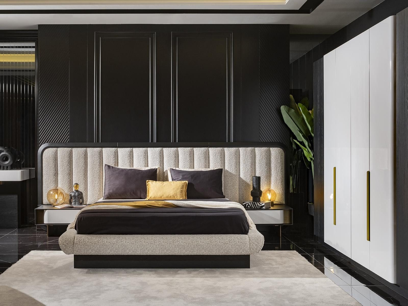 JVmoebel Schlafzimmer-Set Schwarzes Holz-Bett mit modernen Nachttischen, (3-tlg., Bett, 2x Nachttische), Made in Europe