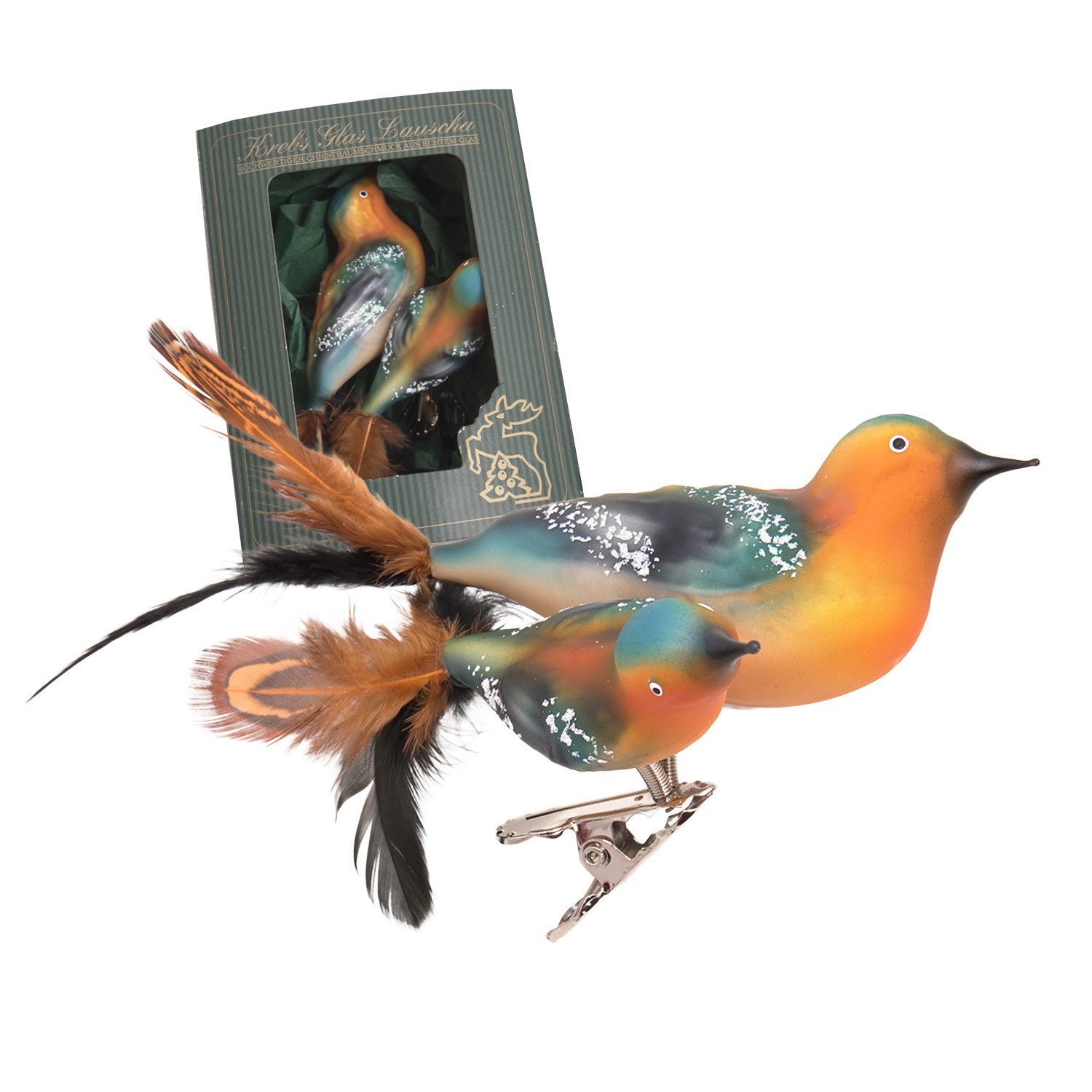 Krebs Glas Lauscha Weihnachtsbaumklammer Baumschmuck Doppelvogel Buchfink Mehrfarbig 9cm (1-tlg)