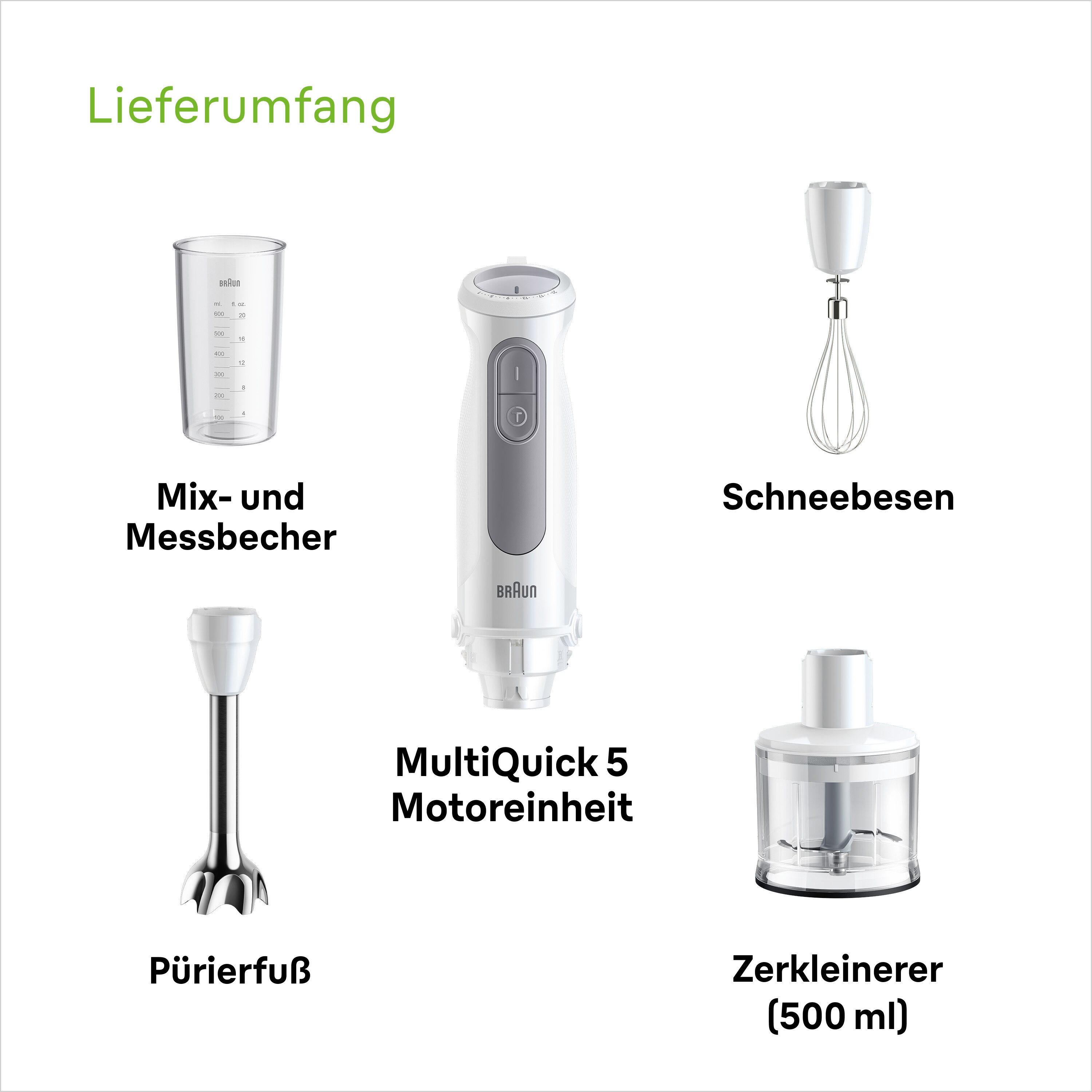 Braun Stabmixer MultiQuick 5 MQ 50236 M - 1000 W, 21 Geschwindigkeiten, Schneebesen, 1000 W, Spritzschutz, 500 ml Zerkleinerer, Mahlklinge, spülmaschinenfest