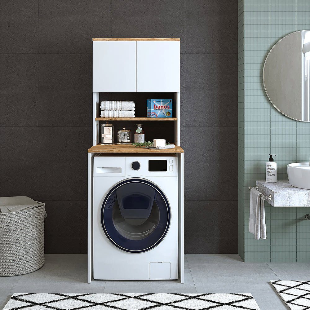 Roomart Waschmaschinenumbauschrank (Badezimmer Waschmaschinenschrank, Weiß | Waschmaschinenüberbau, Weiß-Eiche Waschturm) Eiche