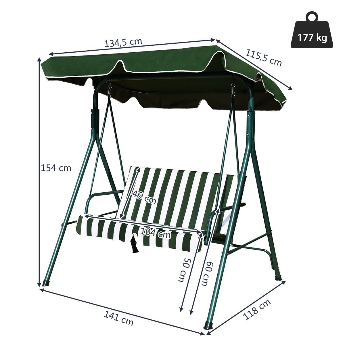 COSTWAY Hollywoodschaukel Gartenschaukel, 2-Sitzer Sonnendach, Grün mit Gartenliege