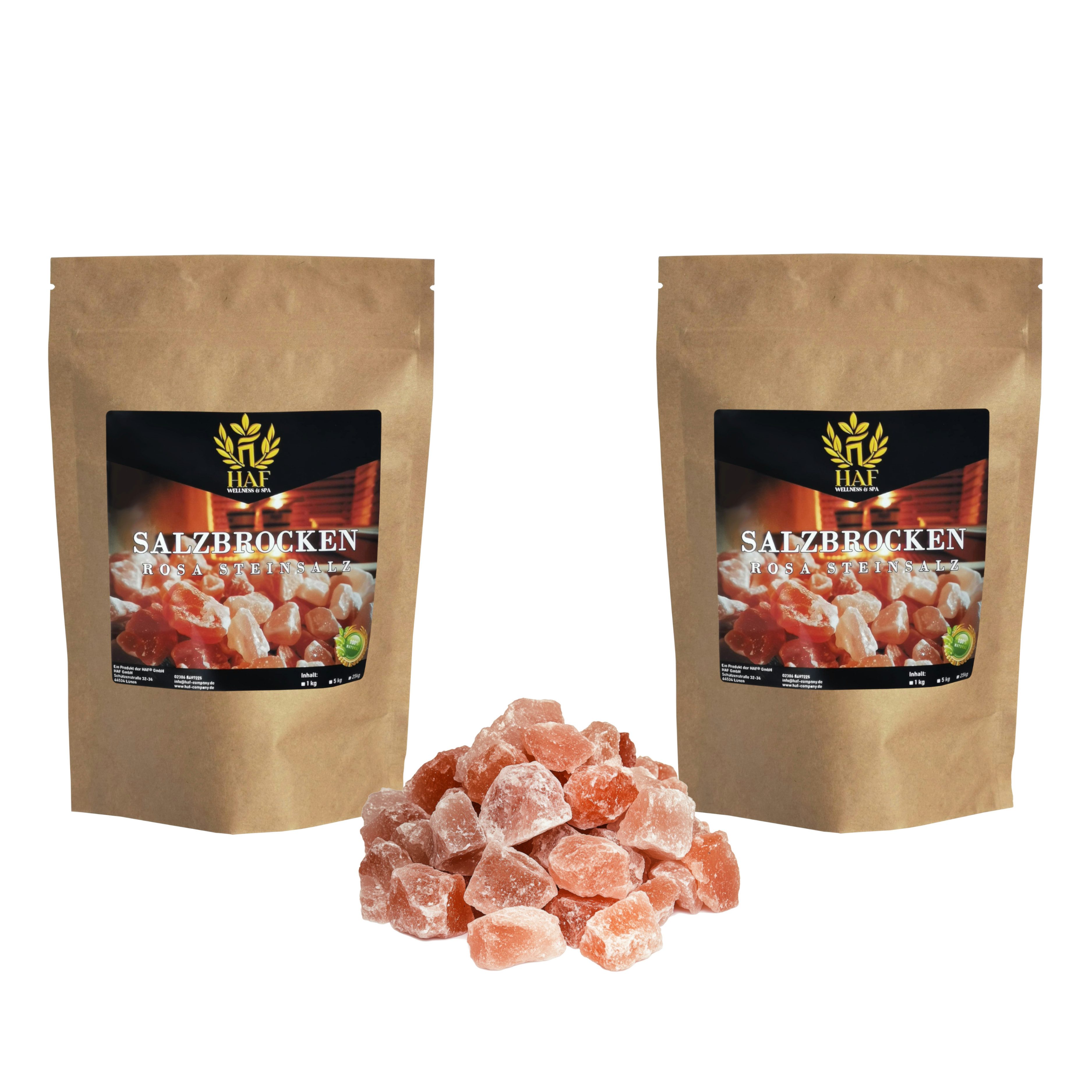 HAF Кристаллы соли Rosa Salzbrocken 1-25 kg Steinsalz Brocken grobes Salz 2-5cm Dekosalz, (Naturbelassen aus der Salt Range in Pakistan, 2 St., 2 x 1 kg im Beutel), Grobe Steinsalz Brocken ohne Zusätze