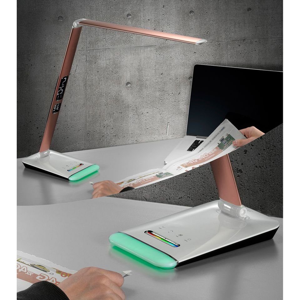 EAXUS LED Schreibtischlampe LED Kalender - Touch-Funktion, & integriert, Schreibtischlampe Kupferfarben Uhr, fest LED Temperaturanzeige, mit RGB-Farbwechsel mit Dimmbar