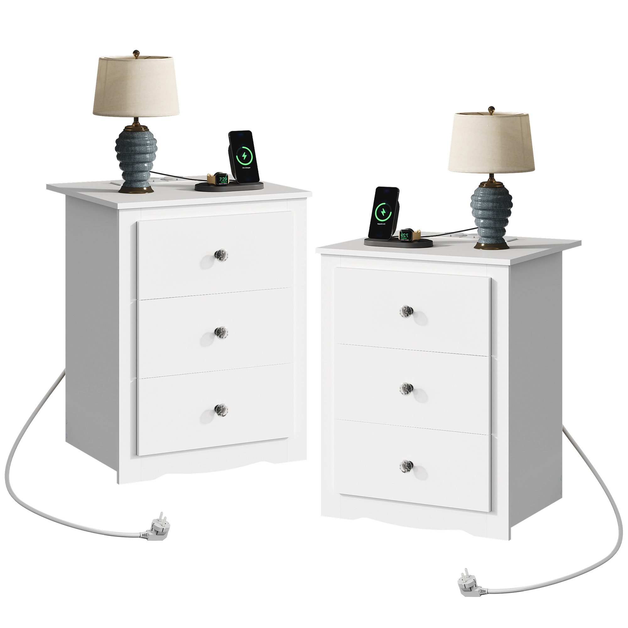 WLIVE Nachttisch Beistelltisch, 3 Schubladen mit Ladestation, (Set, Nachttisch 2er Set), 2 Steckdosen & 2 USB