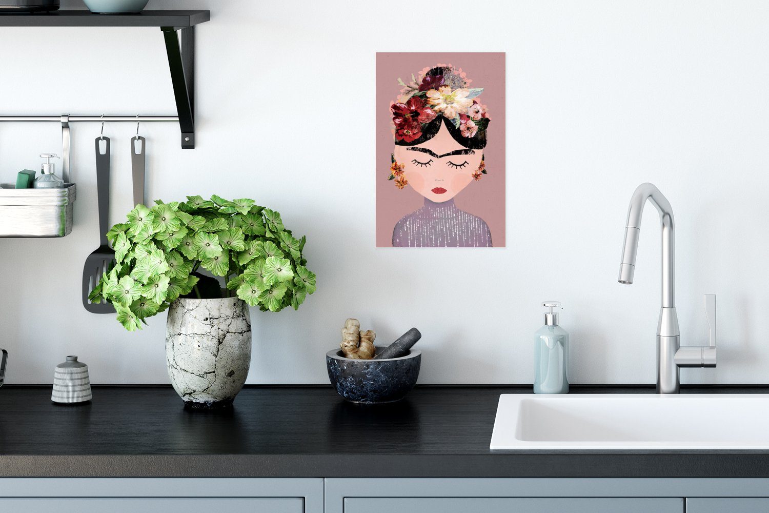 - Kunst St), - Frau Blumen Frida - Wandposter für - Poster, Poster Rahmen Kahlo, Ohne Wohnzimmer, Pastell Wandbild, (1 MuchoWow