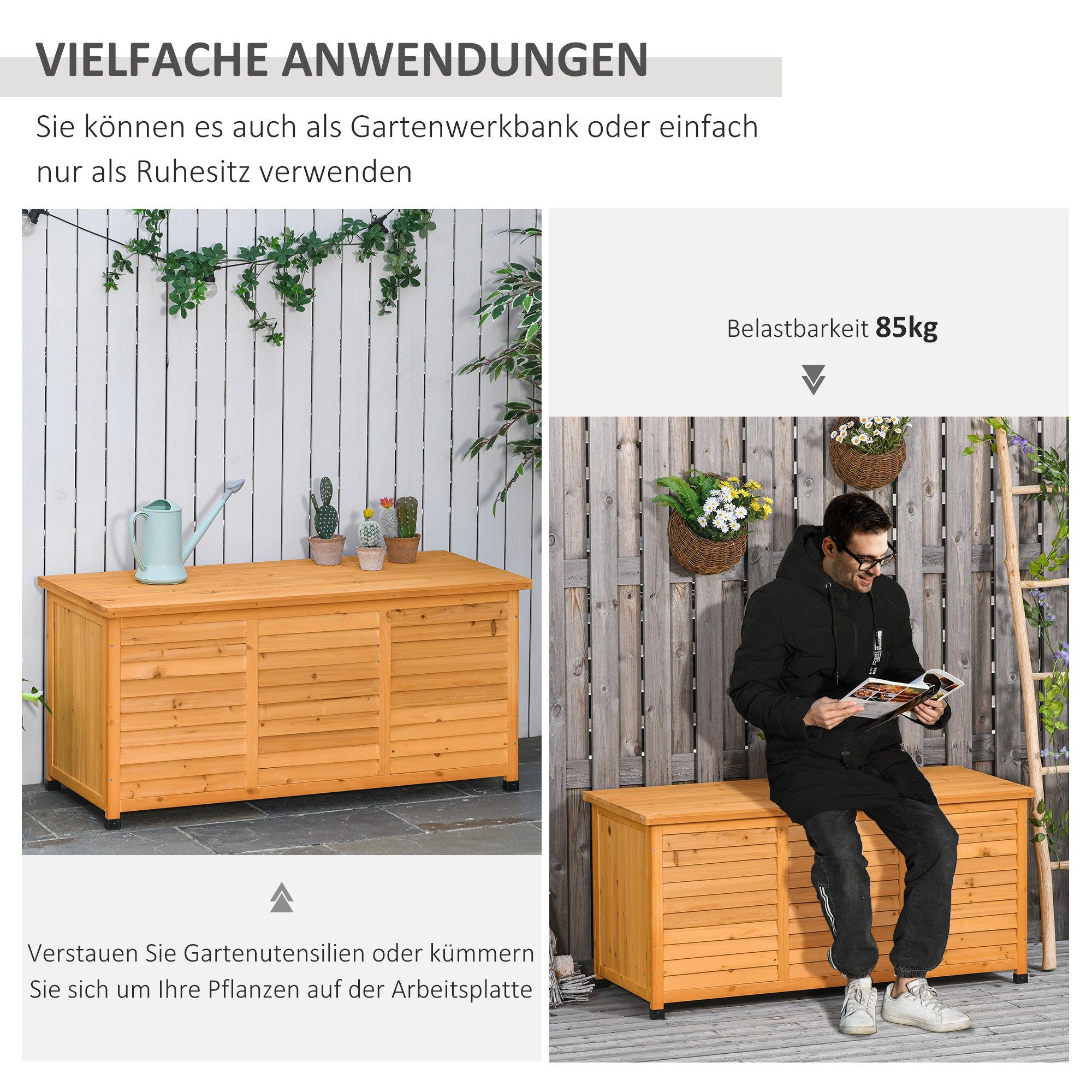 Outsunny Geräteschrank Aufbewahrungsbox, Gartentruhe, wetterbeständig, Massivholz (Kissenbox, 1-St., Gartenbox) für Garten, Balkon, Gelb – Bild 5 von 5