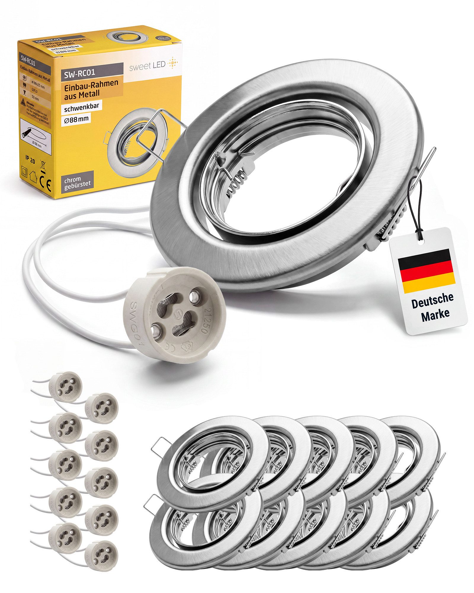 Sweet LED Deckenspot 10er Set GU10 230V Chrom Einbauspots Schwenkbar Rund Ø68mm IP20, ohne Leuchtmittel, Einbauspots, Deckenspots, Einbaustrahler, Deckenlampe