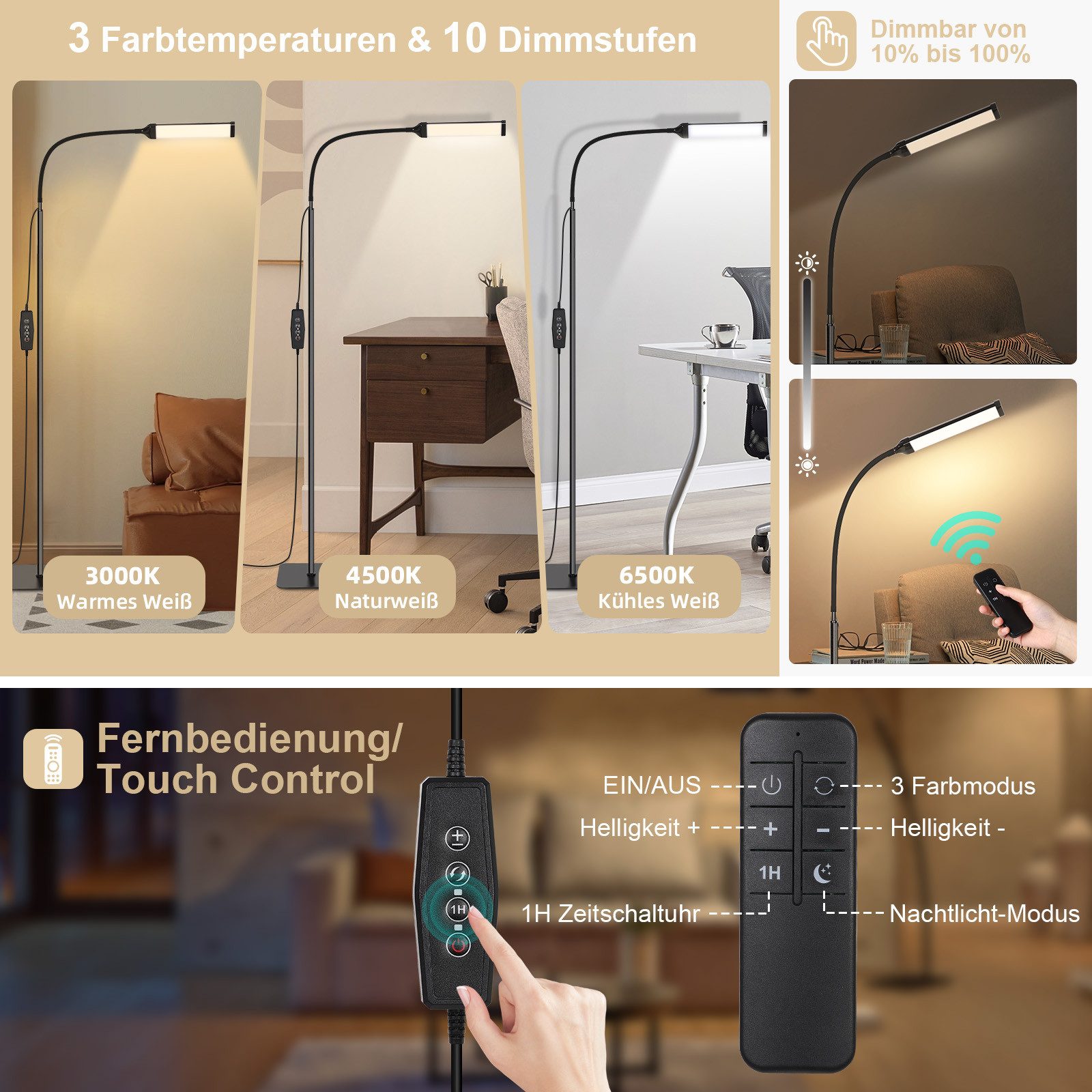 MUPOO Stehlampe LED Stehlampe Dimmbar,Stehleuchte Wohnzimmer, Helligkeit und Farbtemperatur Einstellbar + Höhenverstellbare, mit 3 Farbtemperaturen