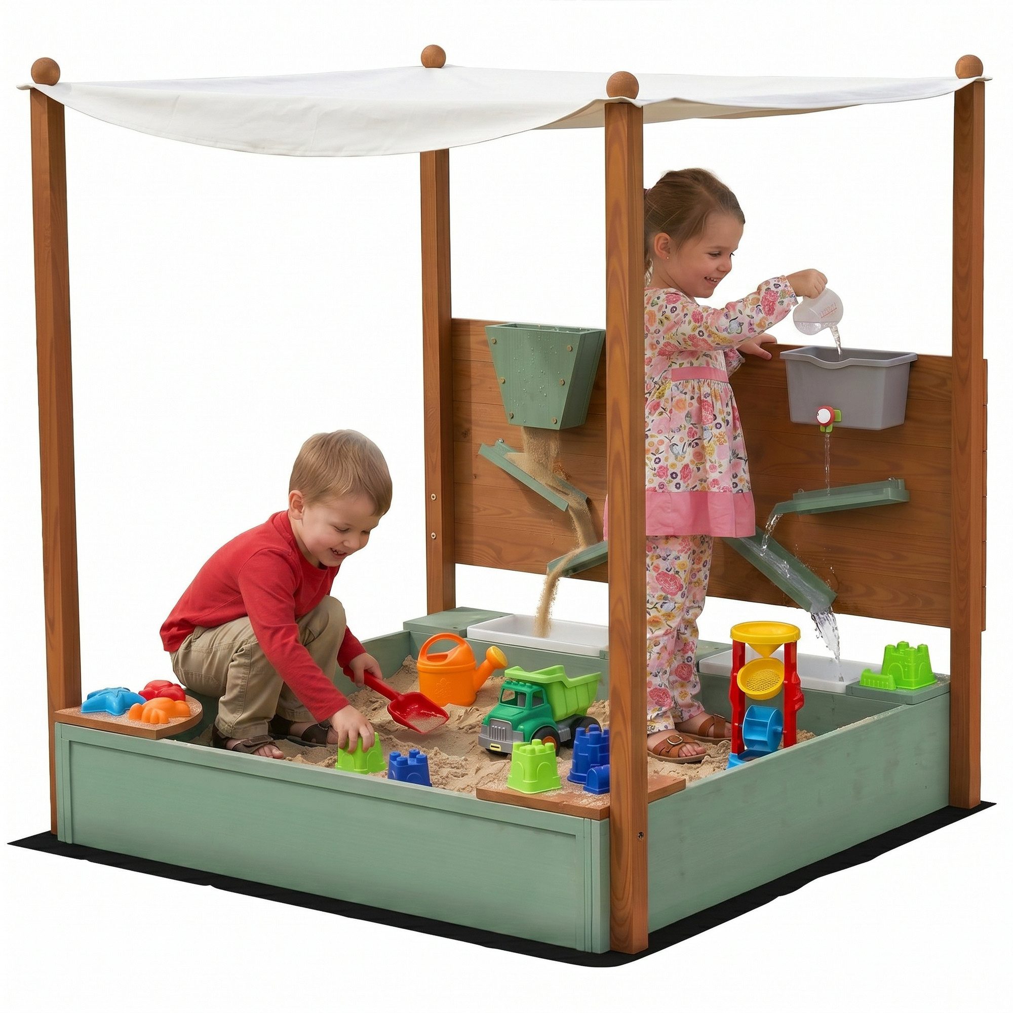 AIYAPLAY Sandkasten Sandbox mit Sandspielzeug Sitzbänken Bodenvlies für Outdoor Garten, (Sandkiste aus Holz, 1-tlg., 116 x 112,5 cm Sandbox mit Dach), für 3-6 Jahre Kinder Grün