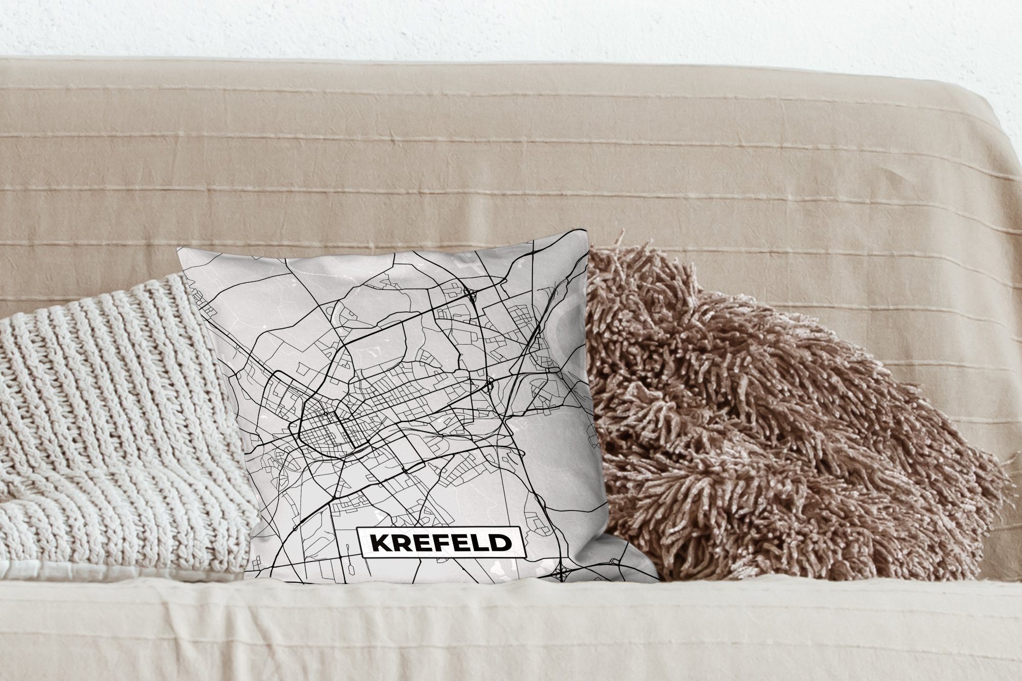 Karte Deko, Füllung Dekokissen Krefeld - - MuchoWow für Zierkissen - - Schlafzimmer, Stadtplan, Karte mit Sofakissen Wohzimmer, Deutschland