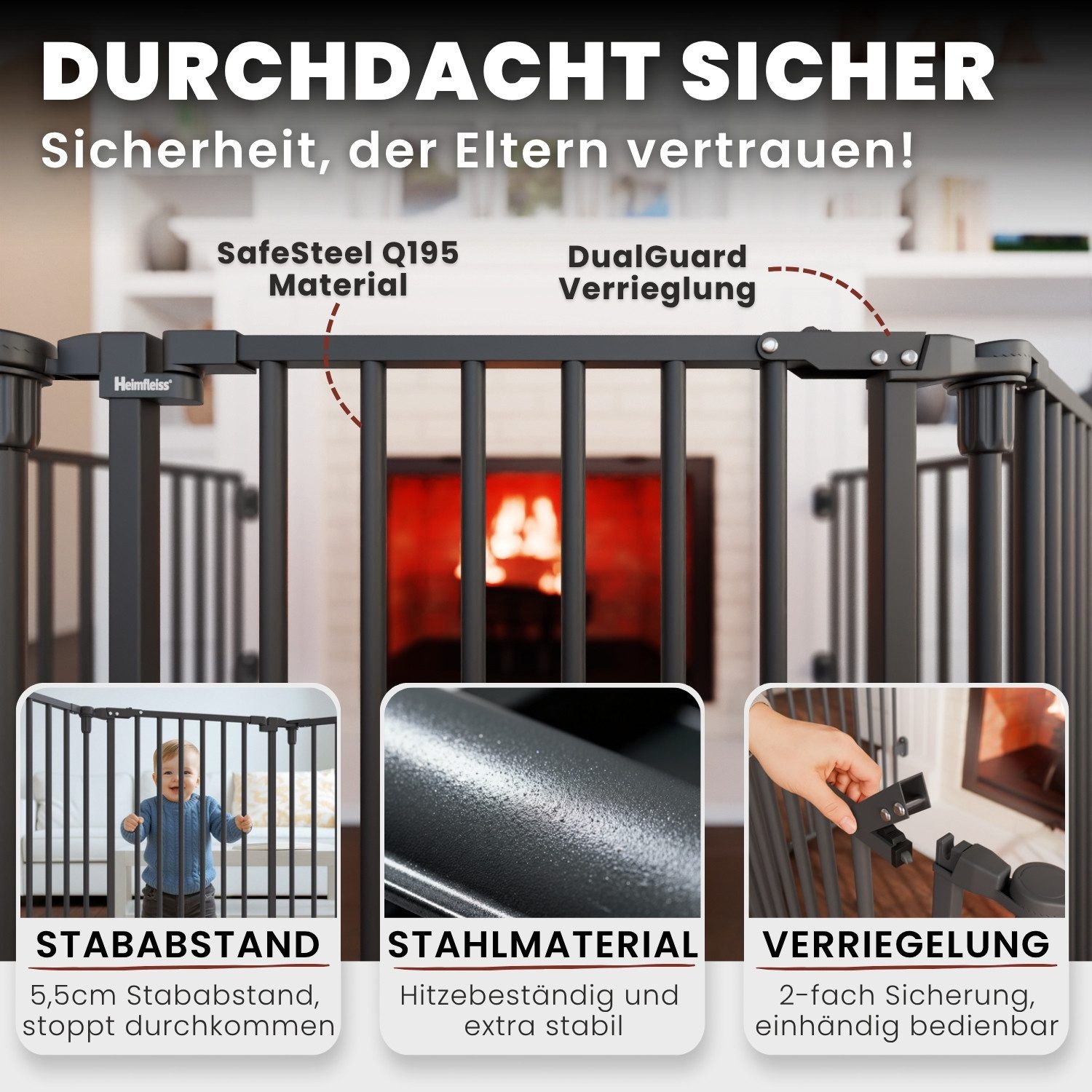Heimfleiss® Ofenschutzgitter Kaminschutzgitter ohne Bohren Baby Hunde (Treppenschutzgitter Türgitter, 5 St., inkl. Saugnäpfe & Wandhalterungen), 308 cm mit Türf – Bild 3 von 5