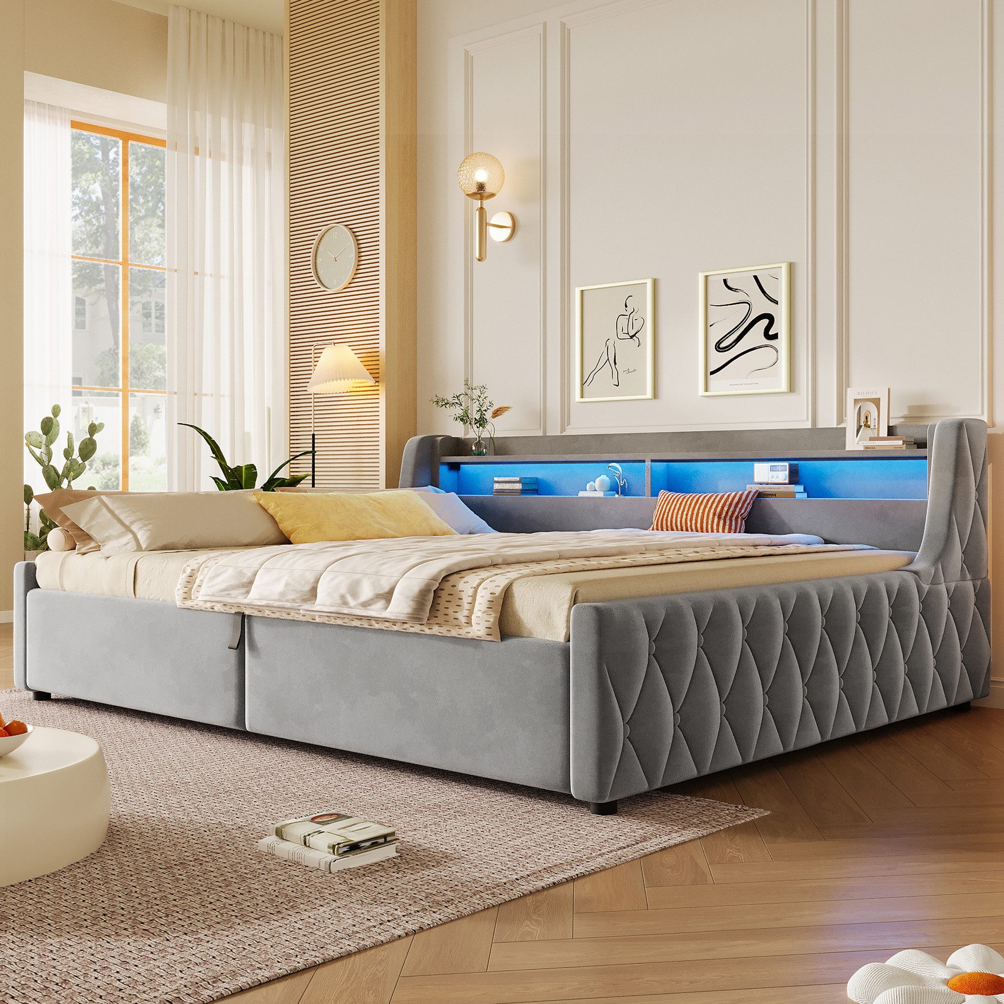 BlingBin Polsterbett mit Bettkasten und LED-Beleuchtung, hydraulisches Stauraumbett (Polsterbetten, 1-tlg., 140x200 cm), Funktionsbett, für Schlafzimmer, Jugendzimmer und Gästezimmer