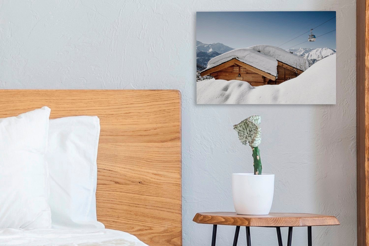 OneMillionCanvasses® Leinwandbild Wandbild 30x20 Aufhängefertig, Wanddeko, Hütte in Schnee Schweiz, Leinwandbilder, der auf cm einer St), (1