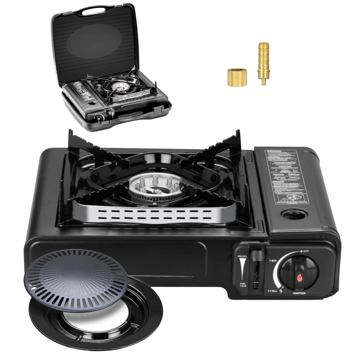Mianova Gaskocher Campingkocher 2 in 1 LPG Anschluss + Grillplatte im Set Koffer, Barbecue Grill Gas Camping Herd Tischgrill Campingherd Gaskocher
