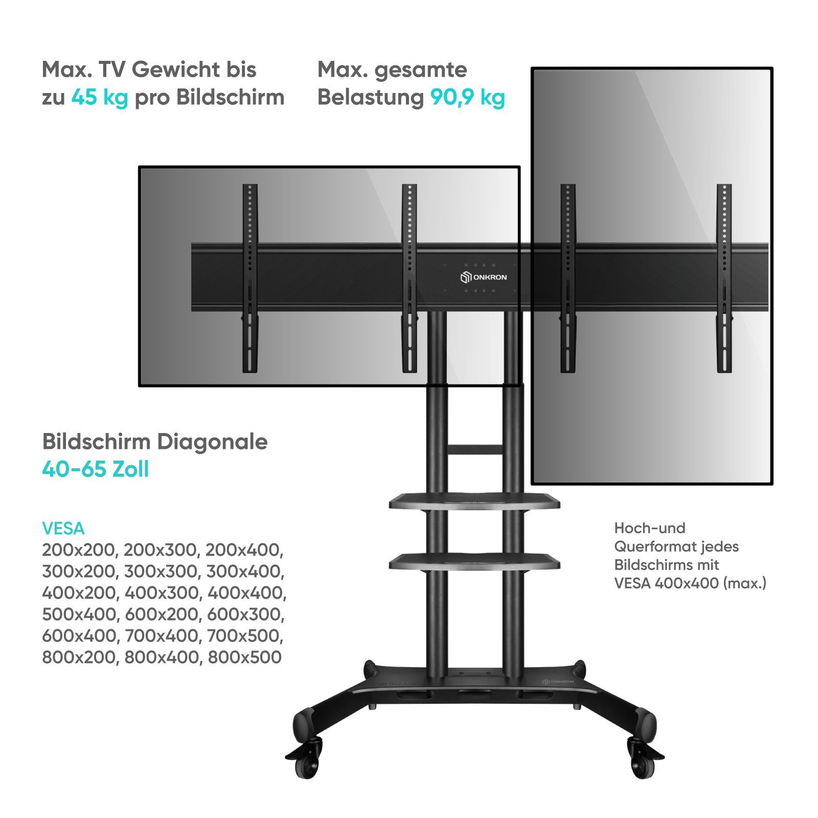 ONKRON ADV1881-B TV-Ständer, für bis 65 Zoll 65,00 VESA Doppel (bis ADV1881-B, 2 Dollel Panel, VESA Bildschirme Zoll, Panel max)