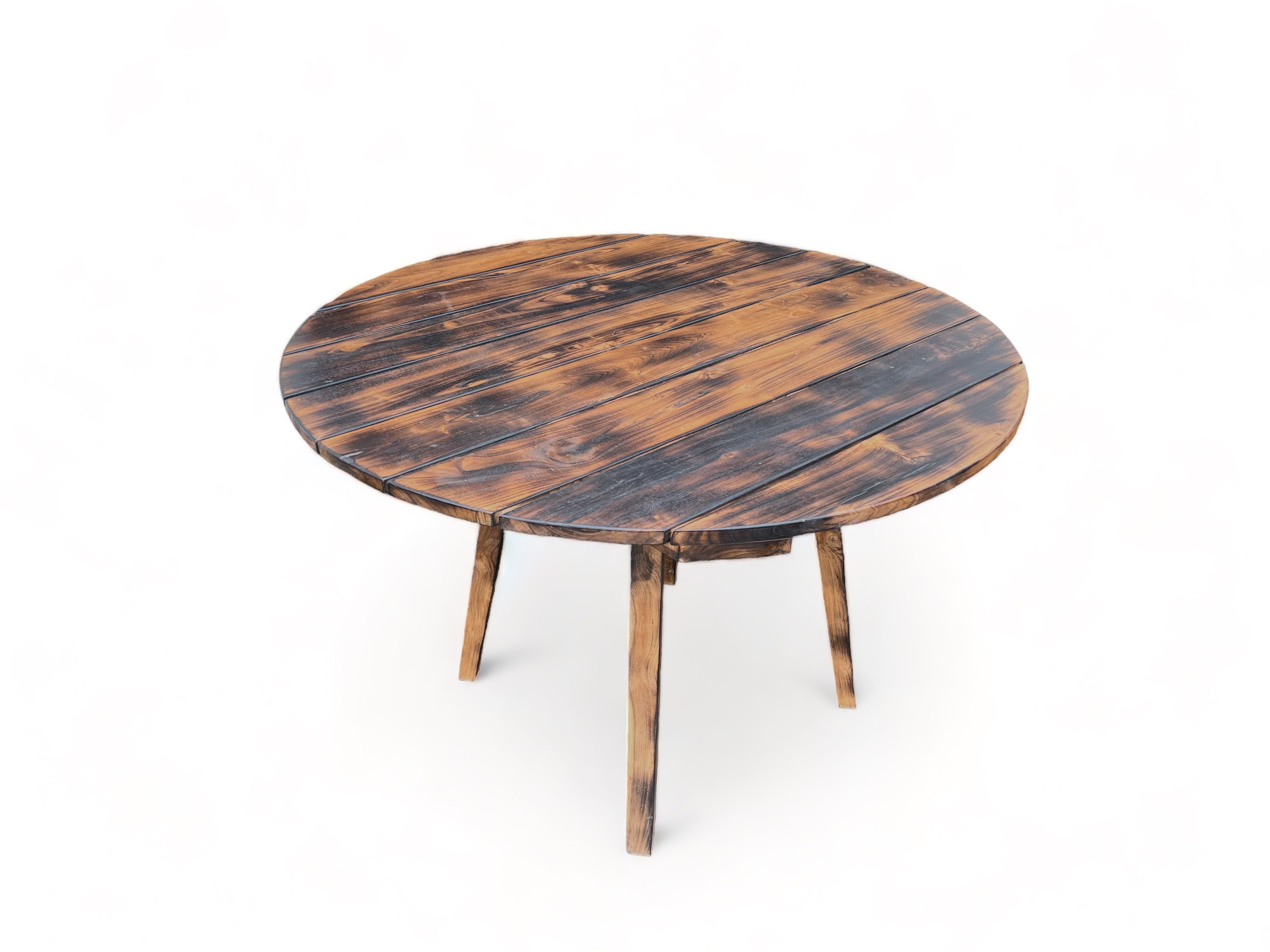 FaHome Gartentisch Teakholz-Tisch Holz - Einzigartiges Massivholz (120 und 150 cm Durchmesser), - Flambiert - mit Naturflair für drinnen und draußen