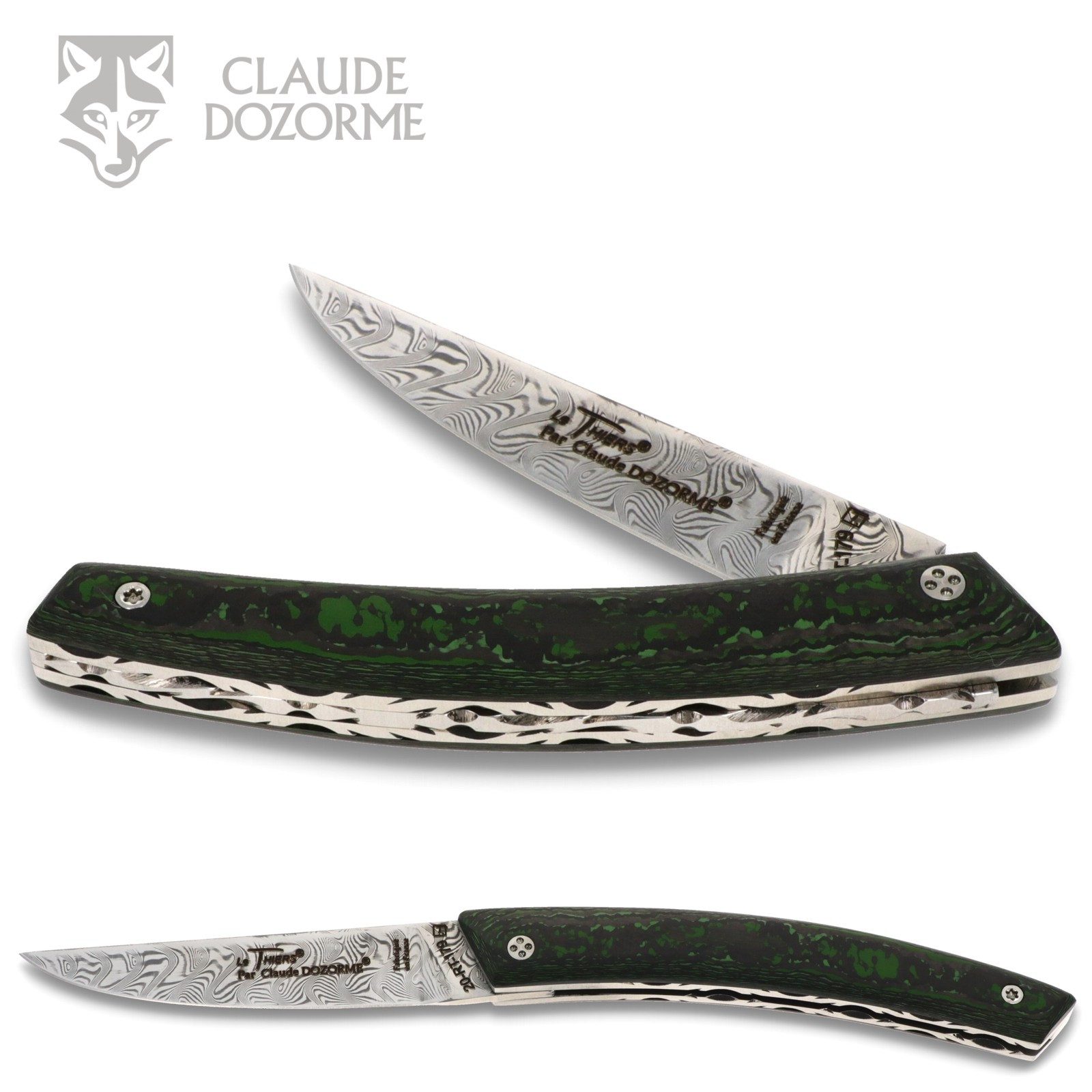 Claude Dozorme Taschenmesser DIV RLT carb camou damas, Le Thiers RLT - Griff 12cm Carbon - Damastklinge - Platine verziert