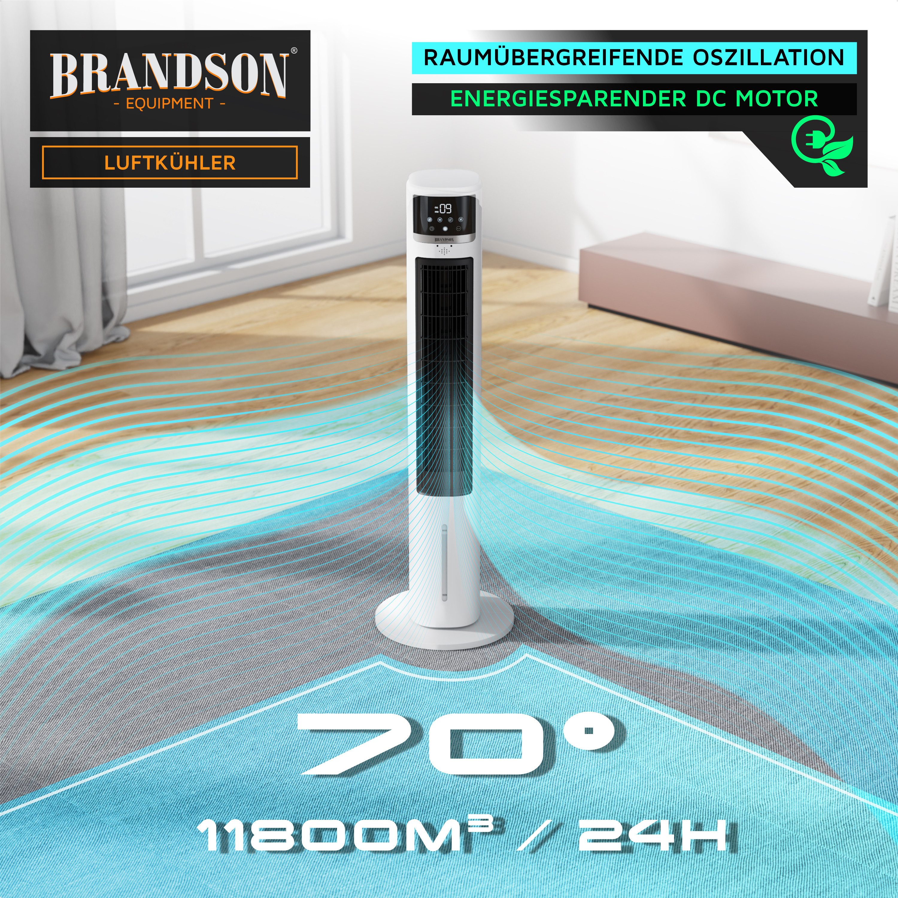 Brandson Ventilatorkombigerät Mobiler Luftkühler, 3,2L Wassertank, Ion-Funktion, Luftbefeuchter, Verdunstungskühler, 9 Stufen, 70° Oszillation, Fernbedienung
