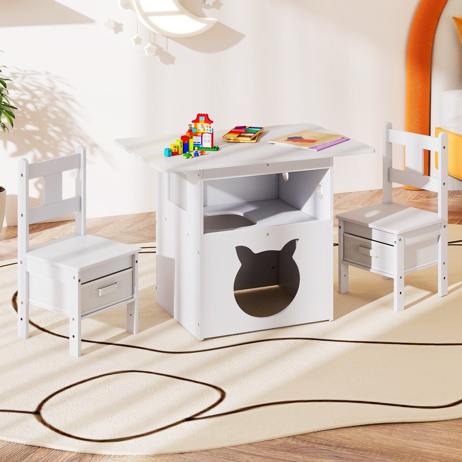 COSTWAY Kindersitzgruppe, (3-tlg), Stühle mit Stoffboxen, Katzenloch