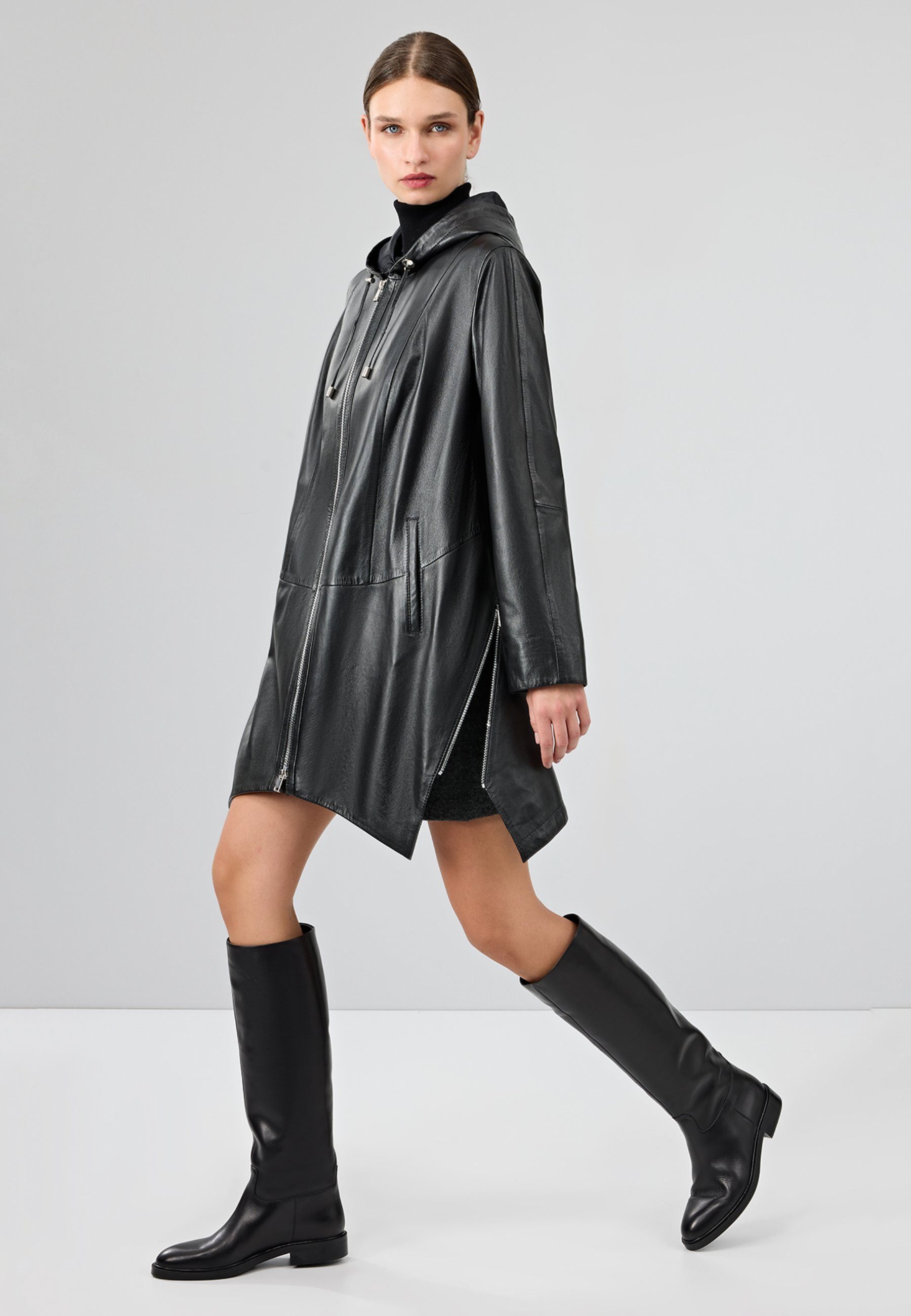 Derimod Lederjacke Daniela Leder-Trenchcoat Mit Kapuze Oversize Fit, Reißverschluss, Mit Kapuze, Lang, Textilfutter