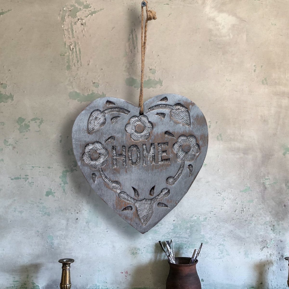 Antikas Wanddekoobjekt Holzfigur, Herz, Blumen, Groß, Silber, Dekoration, Hängend