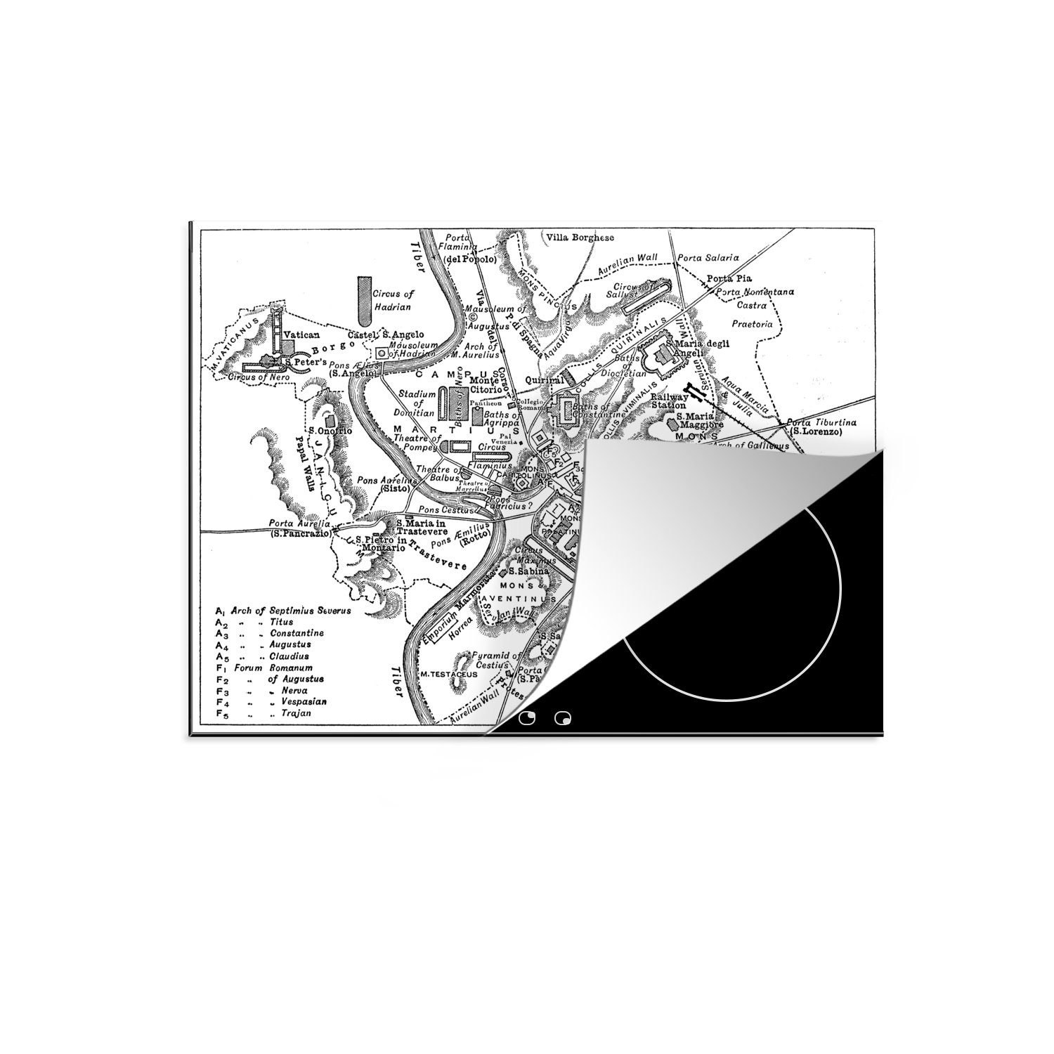Vinyl, Mobile MuchoWow cm, 70x52 Ceranfeldabdeckung tlg), Herdblende-/Abdeckplatte Rom, einer von nutzbar, schwarz-weißen Karte Illustration Arbeitsfläche (1