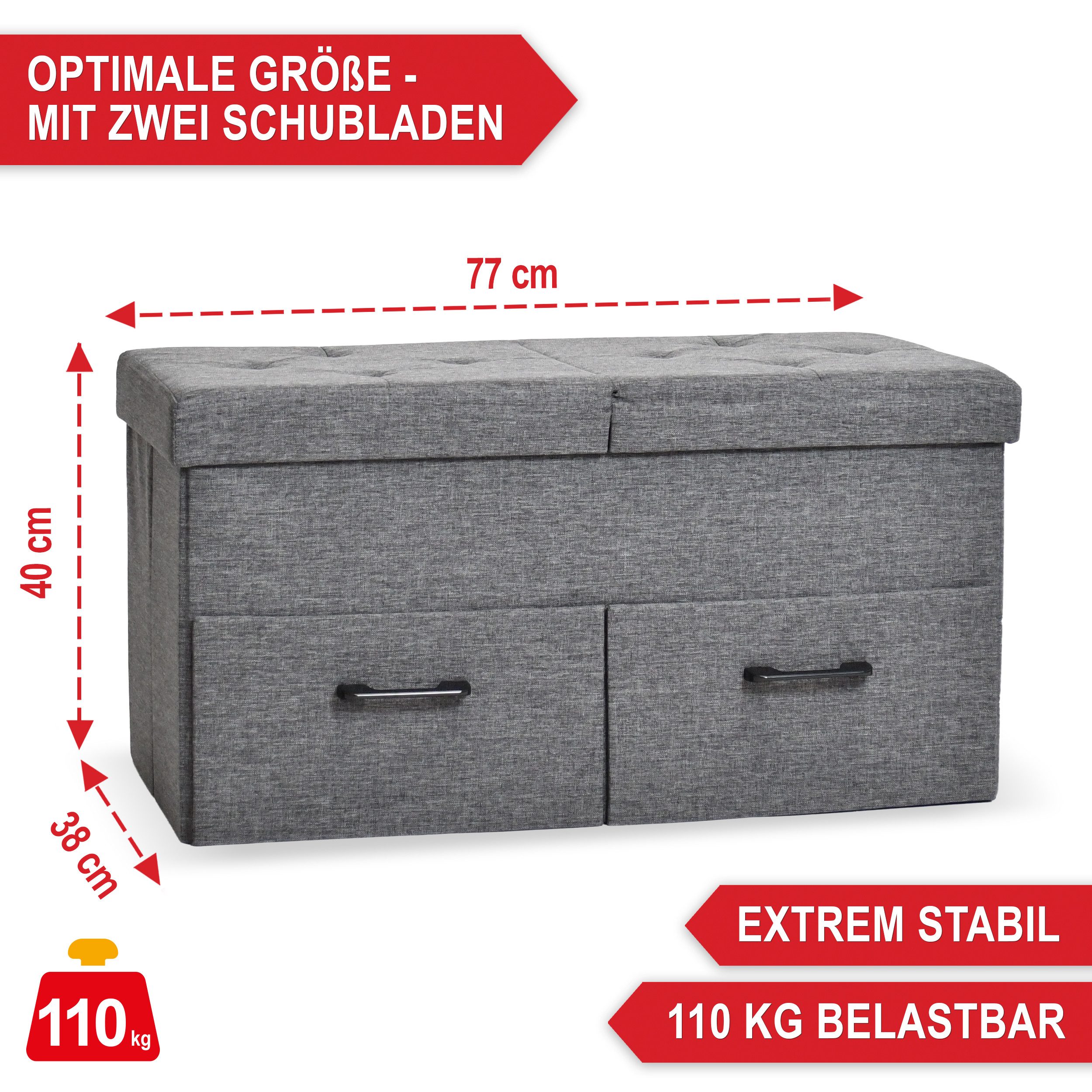 Onbest Sitzbank mit Stauraum gepolstert, 2 Schubladen, bis 110 kg, klappbarer Deckel, Leinenoptik