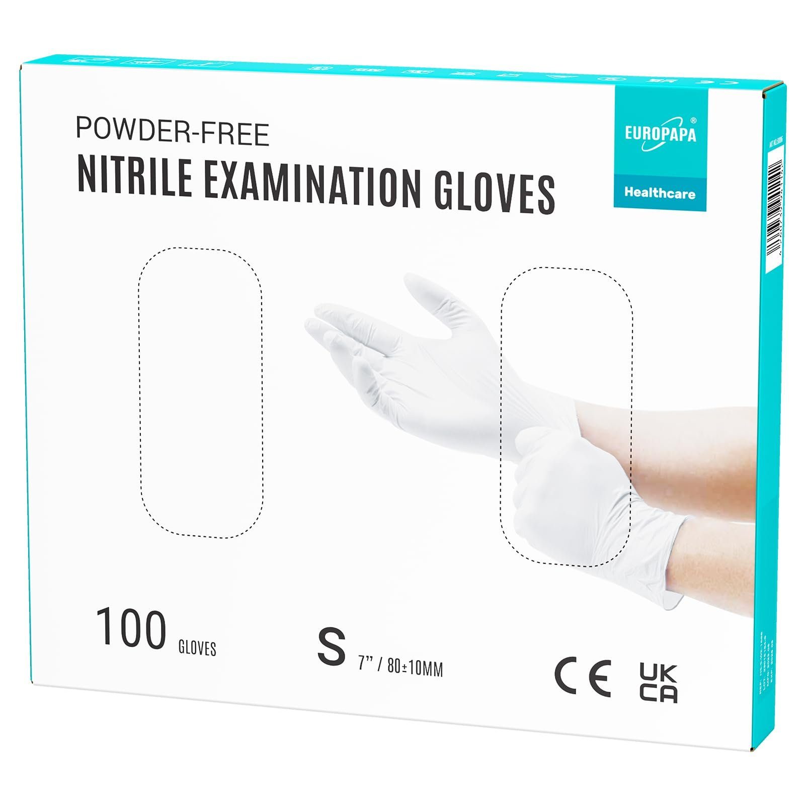 EUROPAPA Nitril-Handschuhe Medical Einmalhandschuhe Untersuchungshandschuhe (100 Stück, puderfrei ohne Latex, Gummihandschuhe) unsteril latexfrei disposible gloves