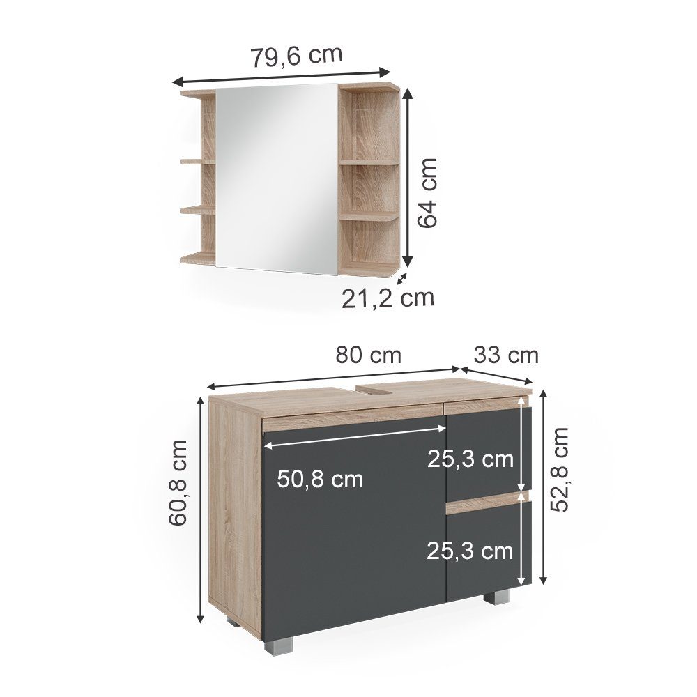 Badmöbel-Set Set) Set (2-St., Vicco J-SHAPE 2-er Sonoma/Anthrazit, Badmöbel 2-er