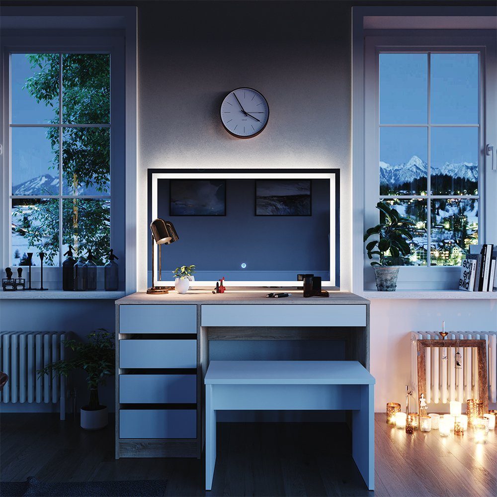 Schminktisch Sherry, Sonoma/Weiß, 120 cm mit LED Spiegel und Hocker