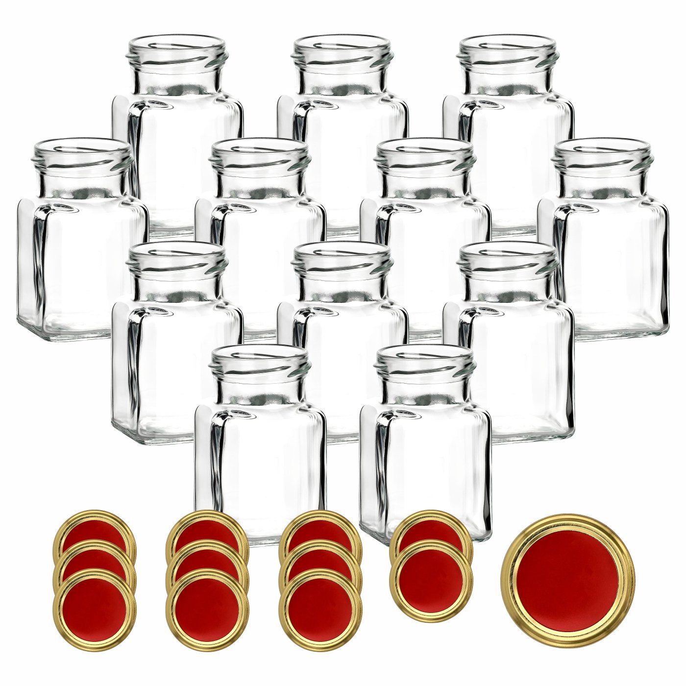 gouveo Vorratsglas Einmachgläser 150 ml eckig mit Schraub-Deckel - Kleine Vorratsgläser, (12-tlg), Rot-Gold