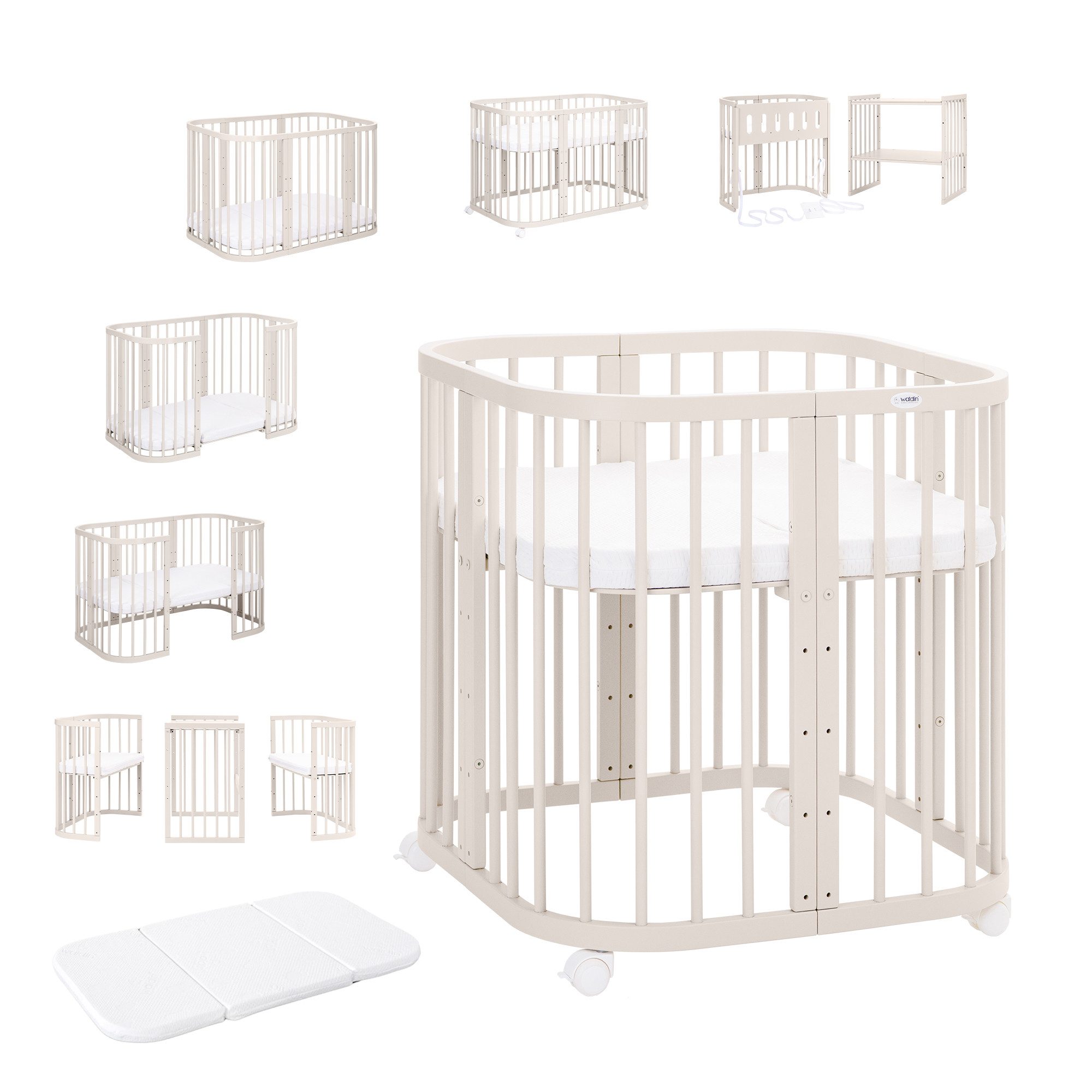 Waldin Babybett 7in1 mitwachsend, Beistellbett, Matratze, Rollen, Buche, Kaschmir