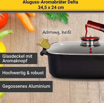 Krüger Bräter Aluguss Aromabräter mit Glasdeckel und Aromaknopf DELTA, 34,5x24x9 cm, Aluminiumguss (1-tlg), für Induktions-Kochfelder geeignet