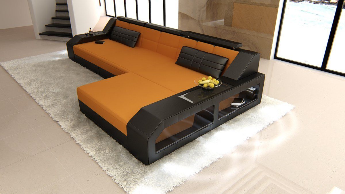 Sofa Dreams Ecksofa mit mit Stoffsofa, Arezzo Couch C87 Designersofa Apricot-Schwarz Bettfunktion wahlweise Couch Form L Sofa Stoff Schlafsofa, als LED