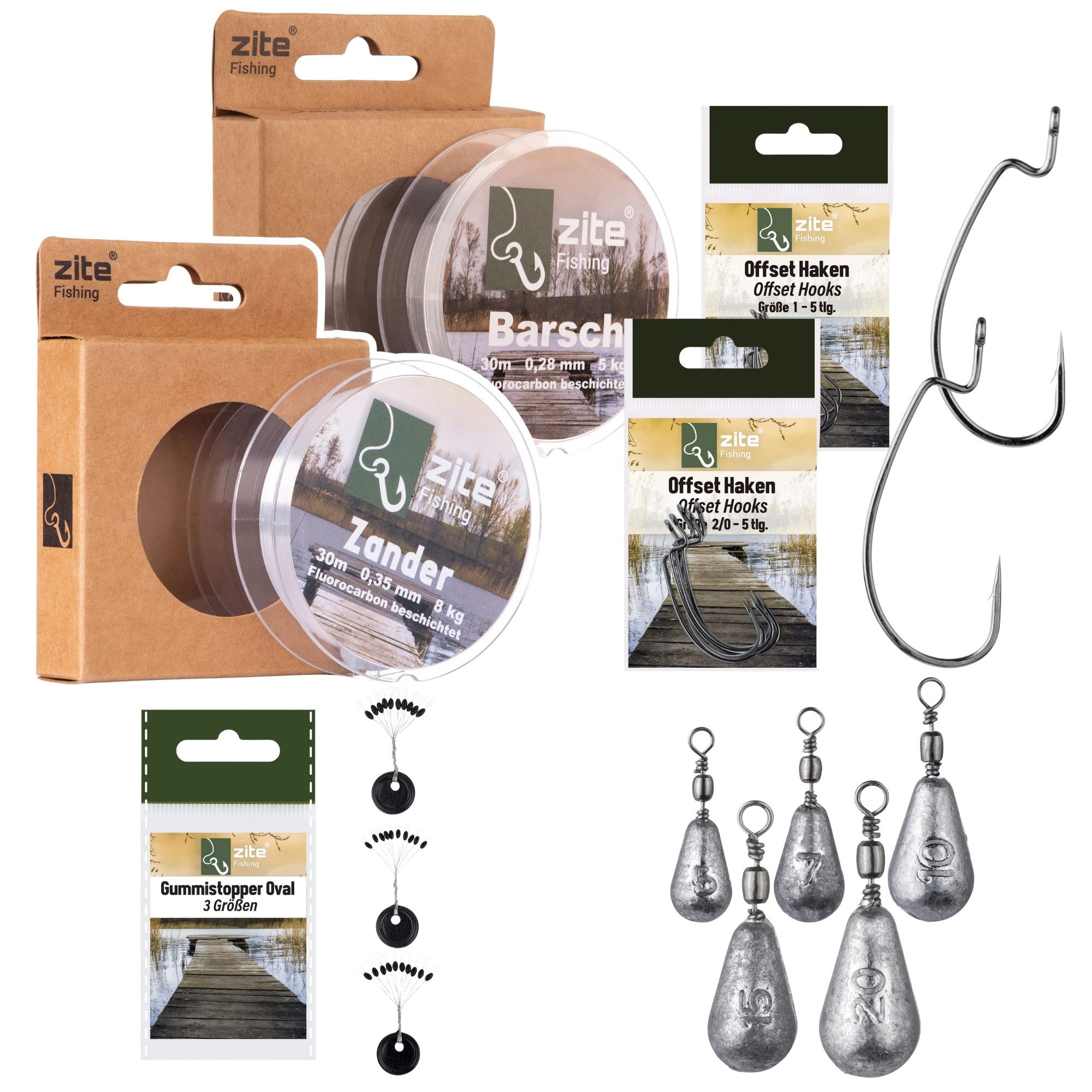 Zite Angelgewicht Free Rig Bundle mit Off-Set Haken, Tropfenbleie, Stopper & Schnüre